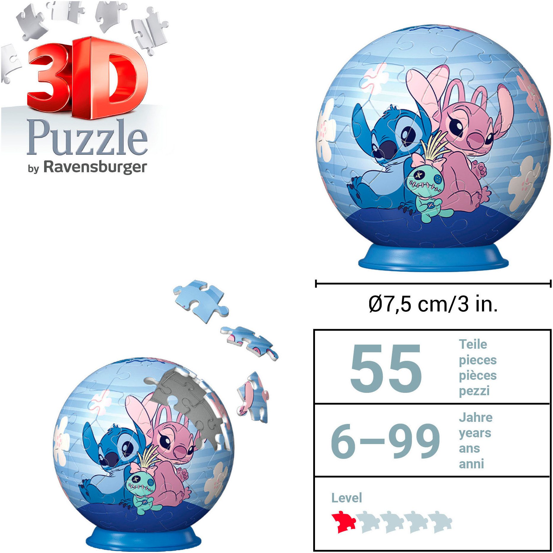 Ravensburger Puzzleball Disney Stitch & Angel, 54 Puzzleteile, Made in Europe