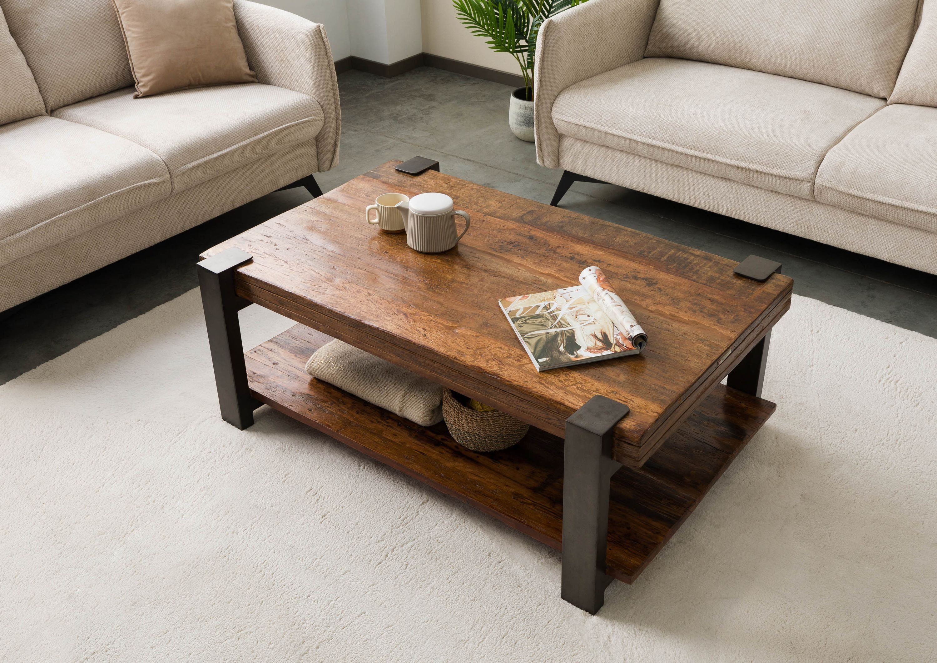 Massivmoebel24 Couchtisch LYON (Massivholz, Massivholztisch), Altholz 120x70x45 natur lackiert LYON #150