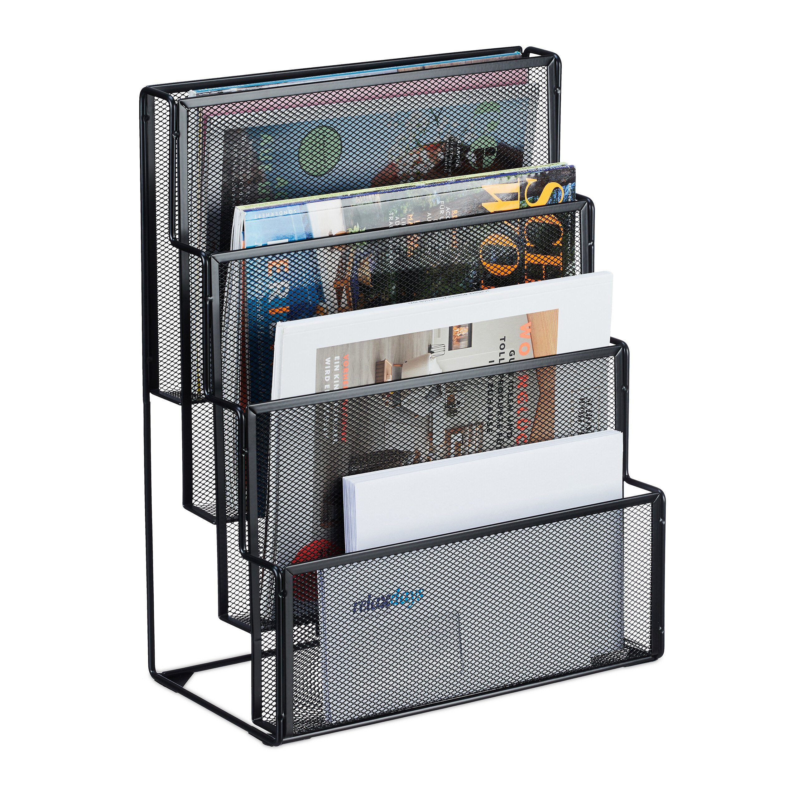 relaxdays Zeitungsständer Zeitschriftenhalter Metall 4 Fächer, schwarz