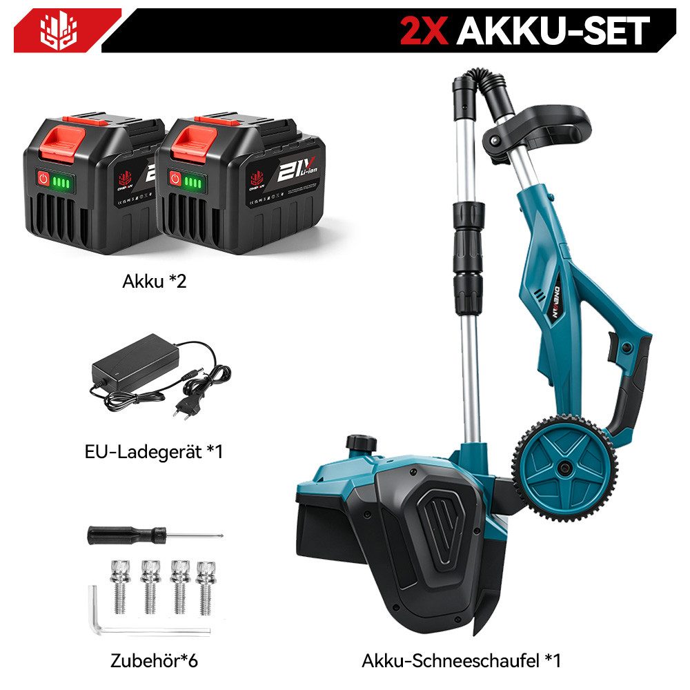 ONEVAN Akku-Schneefräse 1000W bürstenloser Motor, 2500 U/min, kabellose Elektro-Schneeschaufel, 33 cm Arbeitsbreite, (mit 2 × 21V-4000mAh Akkus), 32 cm Arbeitsb – Bild 2 von 5