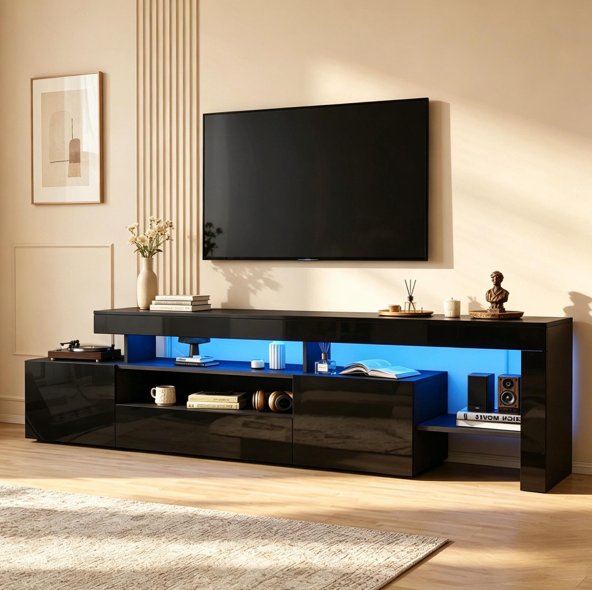 REDOM TV-Schrank Design-Lowboard – Hochglanz, LED & 3 Türen (Packung, 1-St., Schwarz, 192×37×53 cm, für moderne Räume) App-Steuerung, elegante Optik, stabil