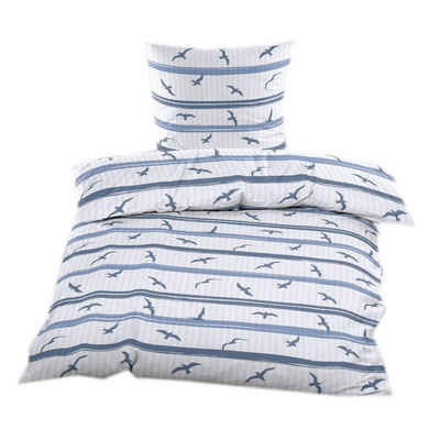 Bettwäsche Seersucker Garnitur 135x200 Reißverschluss Weiß Blau Maritim Vögel, Casa Colori, Seersucker, 2 teilig, luftig leichte Sommerbettwäsche