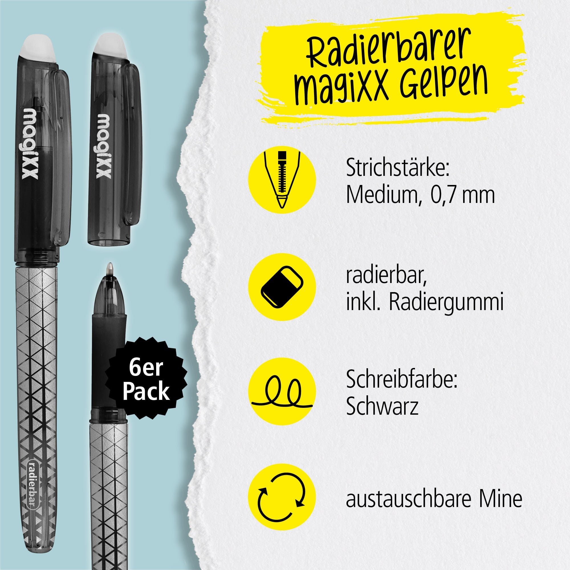 Online Pen Tintenroller magiXX Classic, (6x radierbare Gelschreiber schwarz, ergonomisches Griffstück), Gelpens für Schüler, Studenten, Büro