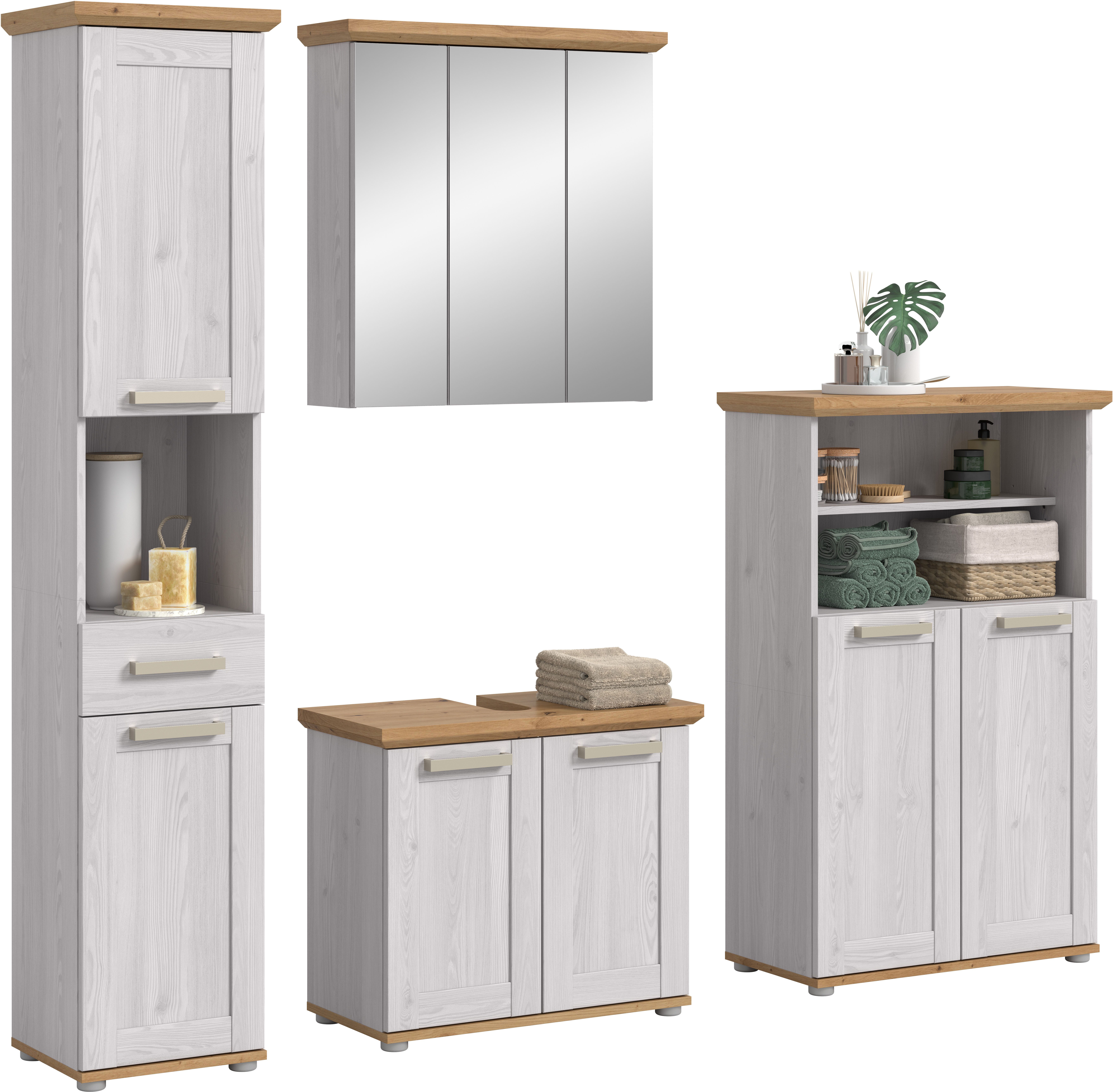 welltime Badmöbel-Set COSENZA, 4-teilig, in Landhausoptik, mit farblich abgesetztem Kranz, (4-St., best. aus: 1 Hochschrank, 1 Spiegelschrank, 1 WBU und 1 Midischrank), Bad-Kombination, Badezimmer, Kombi, Bad, Bad-Möbel