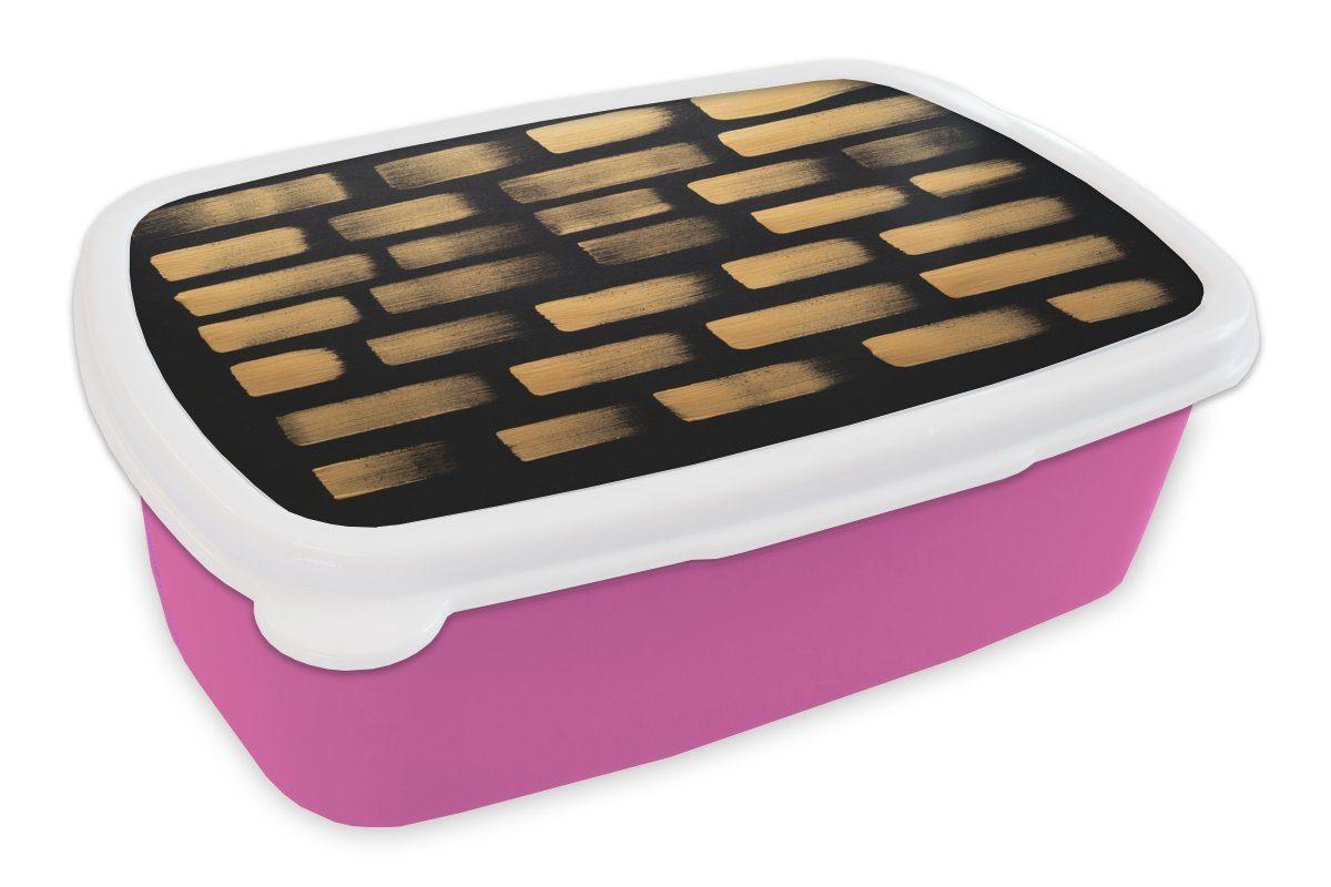 MuchoWow Lunchbox Goldene Streifen auf schwarzem Hintergrund, Kunststoff, (2-tlg), Brotbox für Erwachsene, Brotdose Kinder, Snackbox, Mädchen, Kunststoff rosa