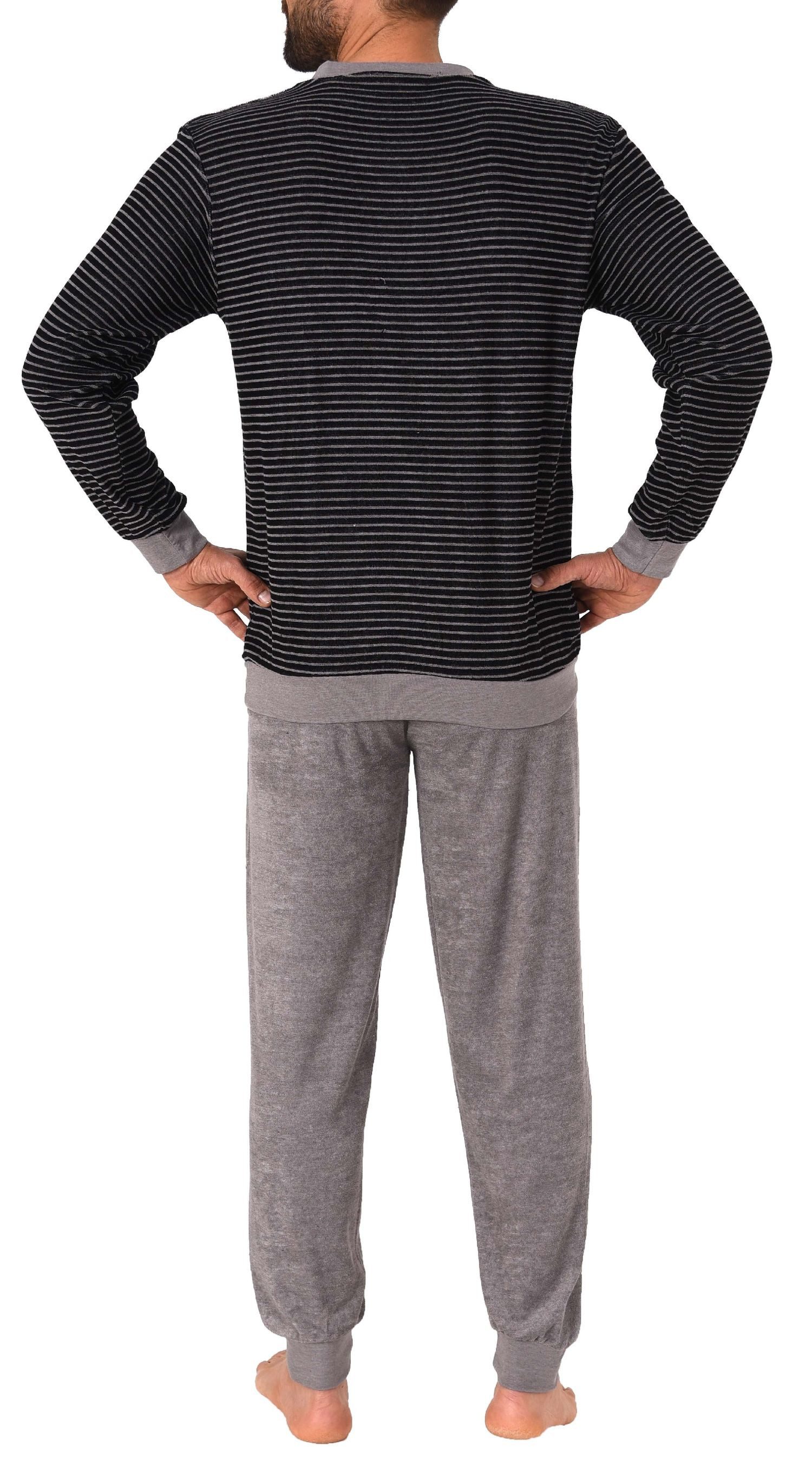 Normann Pyjama Herren Frottee Pyjama langarm mit Bündchen in Ringel Optik