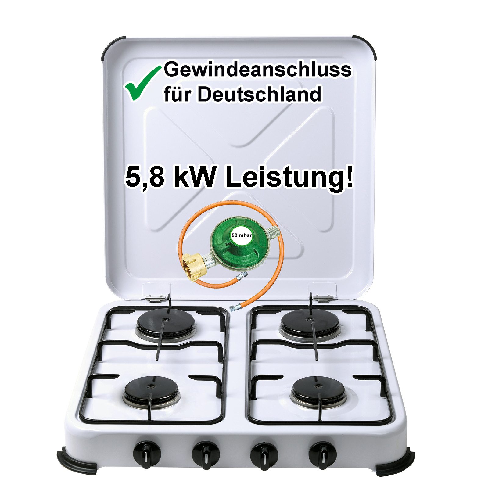 BlueCraft Gaskocher 4 flammig 50mbar Propan Gas Campingkocher 5,8 kW Gas-Kochfeld Gasherd, (mit Schlauch 100 cm und Gas Regler Druckminderer), Camping Gas Kocher 4 flammen für Gasflasche