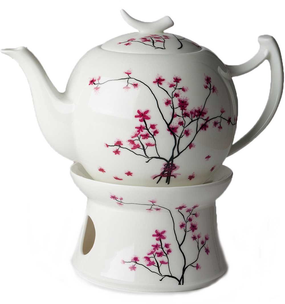 Dekomiro Teeservice Cherry Blossom TeaLogic Tekanne 1L mit 2 Teetassen und Stövchen (4-tlg), 2 Personen, Porzellan
