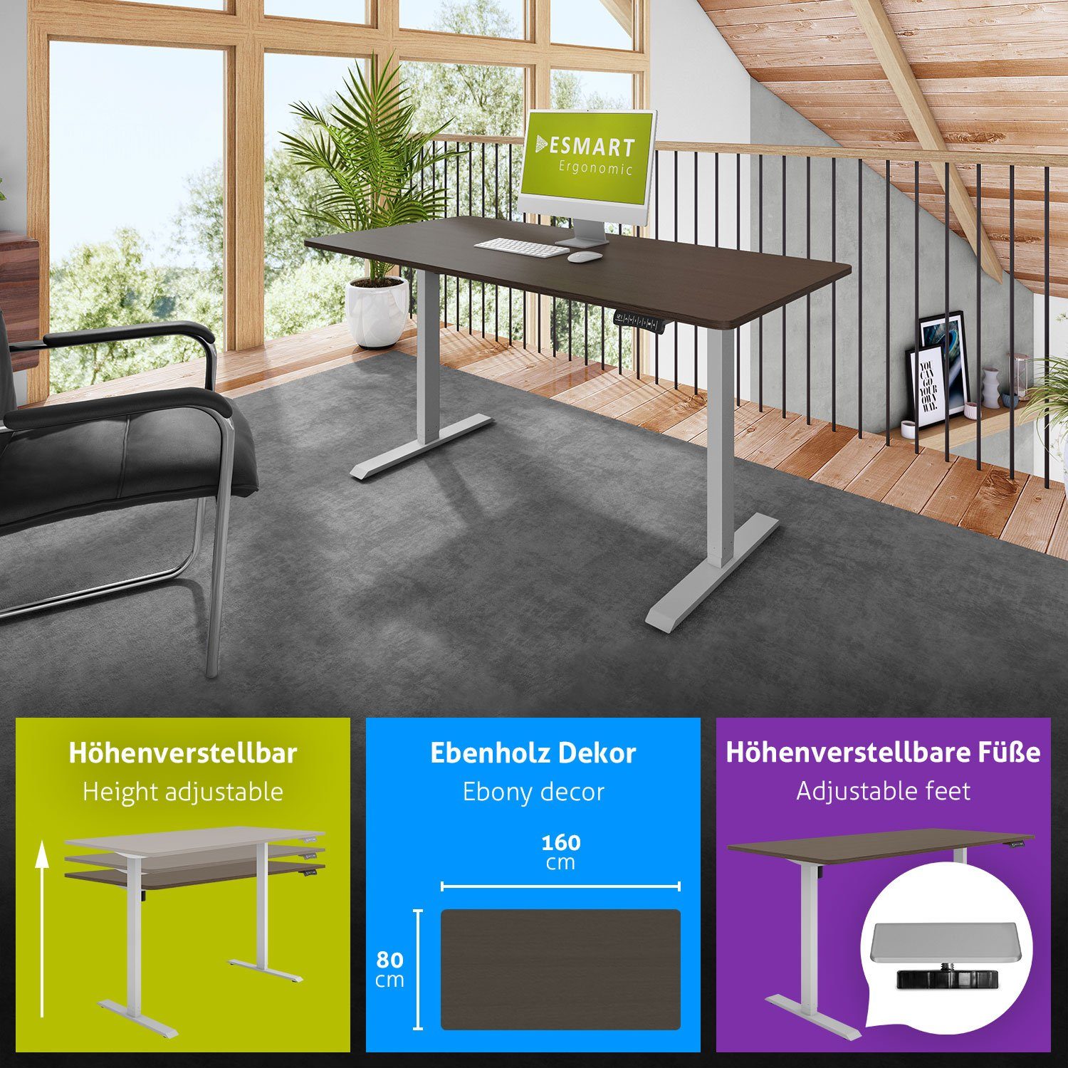 ESMART ETX-121 x Schreibtisch Ebenholz 160 Tischplatte: Rahmen: Schreibtisch cm ESMART Elektrisch / 80 Grau Germany, höhenverstellbarer