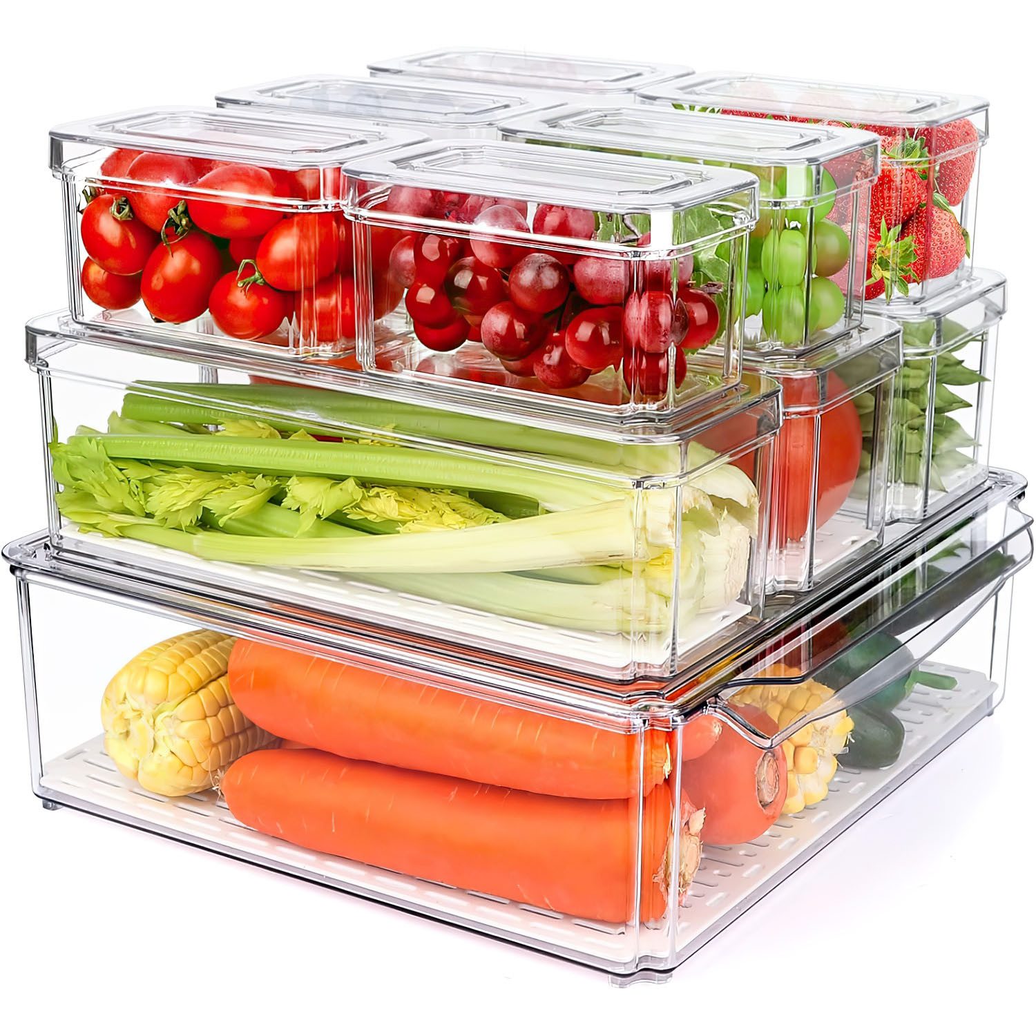SURFOU Korbeinsatz 10 Set Kühlschrank Organizer Schublade Fridge Box Mit Griff, Speisekammer Vorratsbehälter Transparent Container für Fridge Kitchens