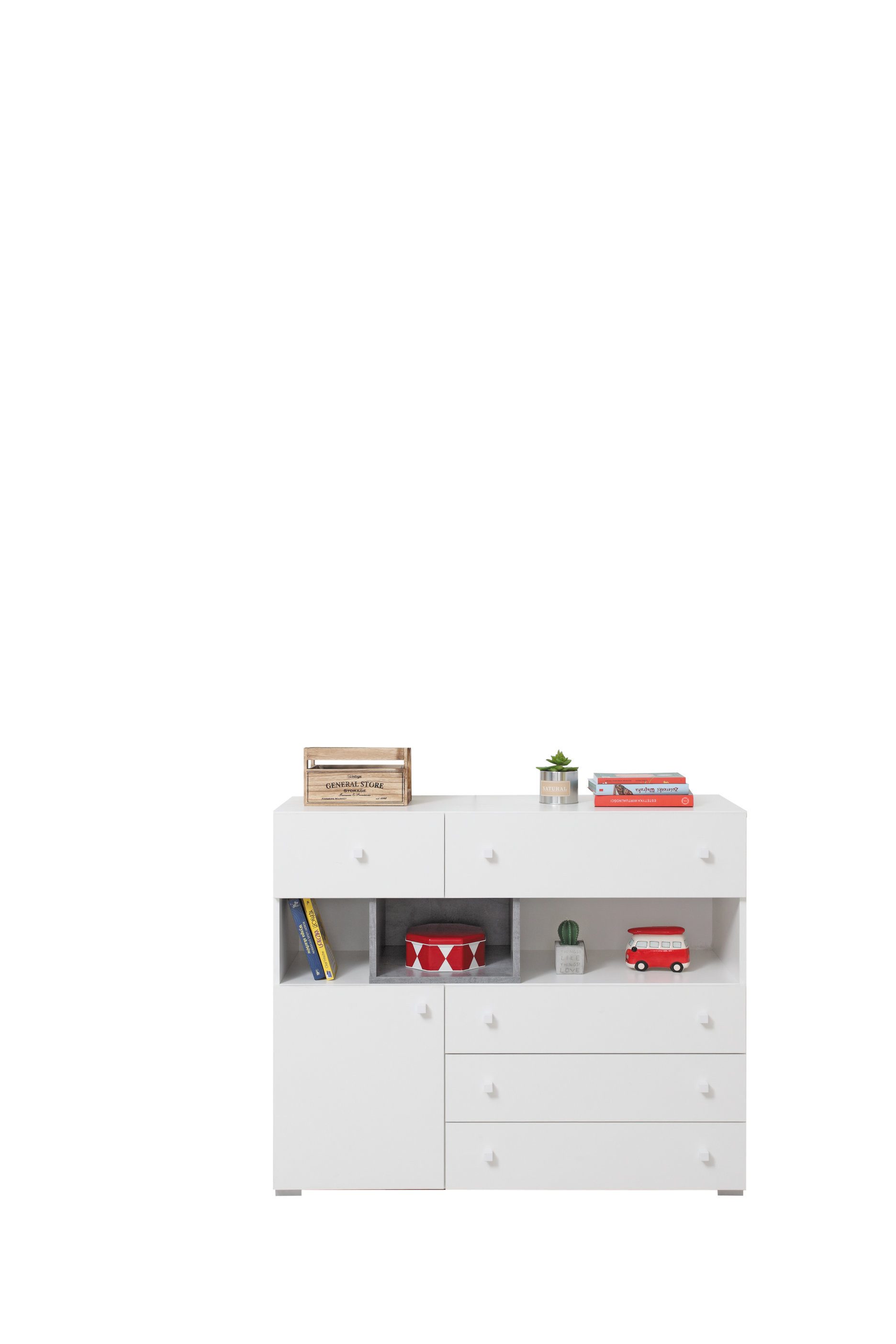 Masseno Kommode GALIA 110 cm Sideboard mit 5 Schubladen und 1 Türen Weiß