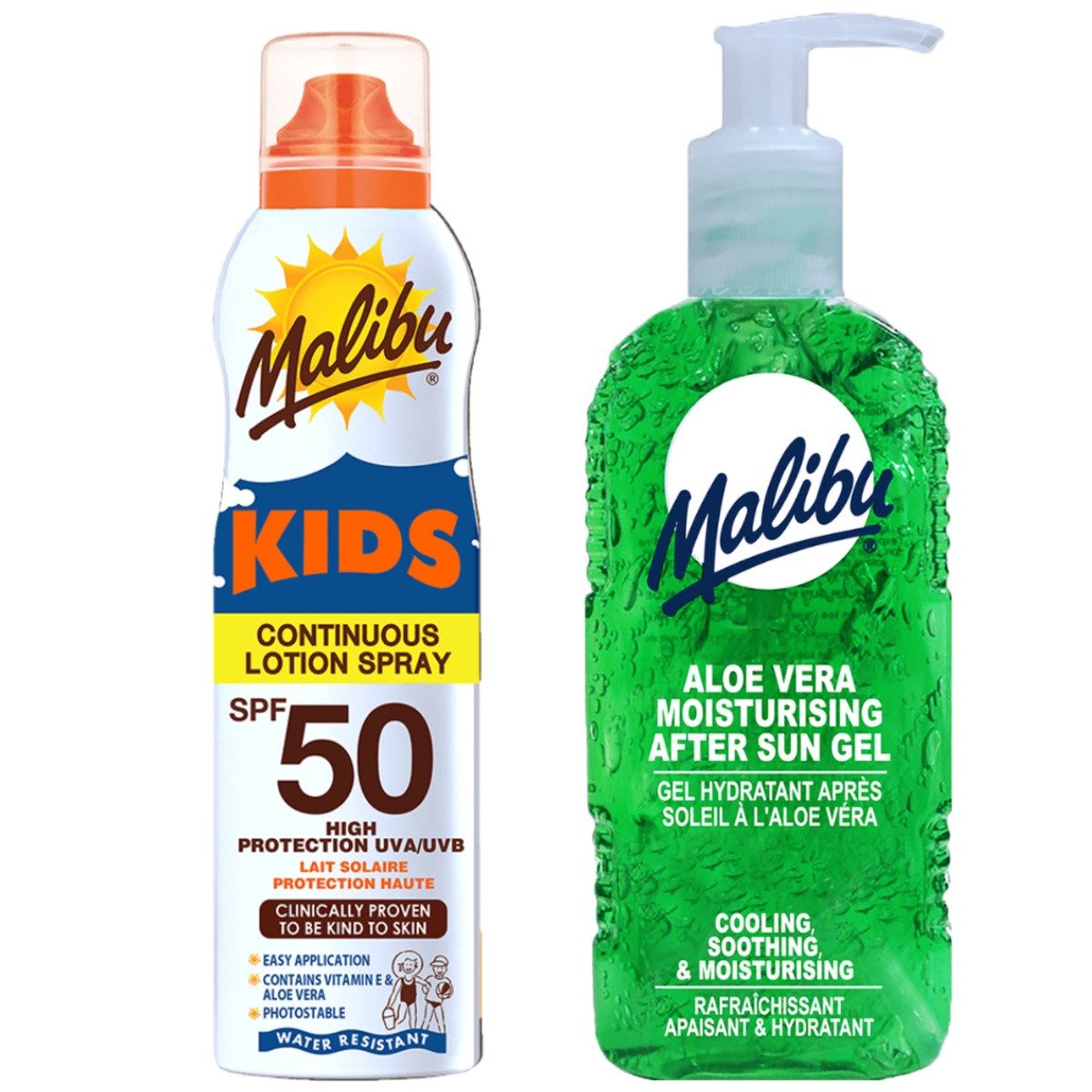 Malibu Sonnenschutzspray Malibu Kinder-Sonnenspray LSF 50 + Aloe-After-Sun-Gel 200 ml, Sonnenschutzset, 2-tlg., Wasserfester Schutz und kühlendes Aloe-Vera-Gel