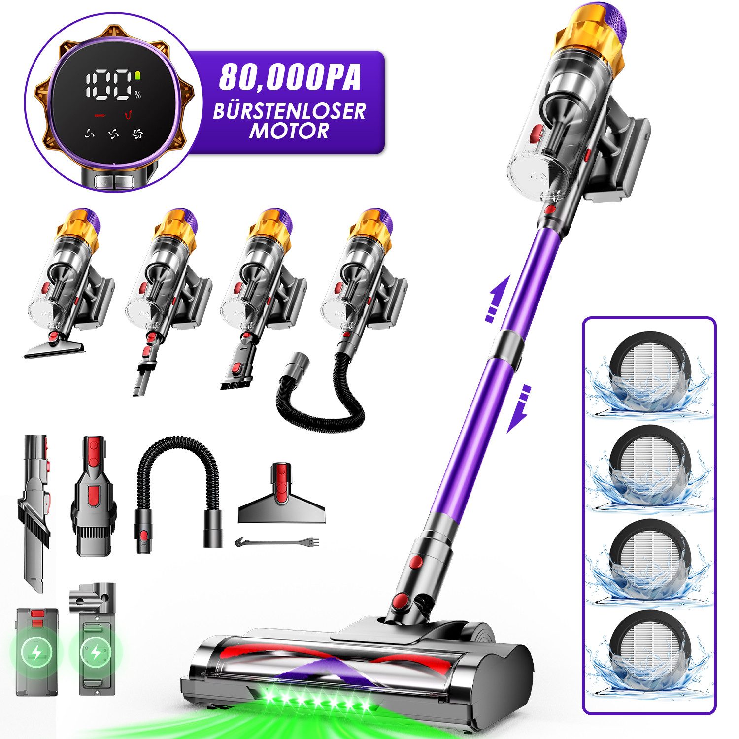 Hiazurm Akku-Hand-und Stielstaubsauger Akku Staubsauger,80000Pa/2.8L/70min OLED-Display Staubsauger Kabellos, Super Leise Stabstaubsauger für Tierhaare und Teppiche