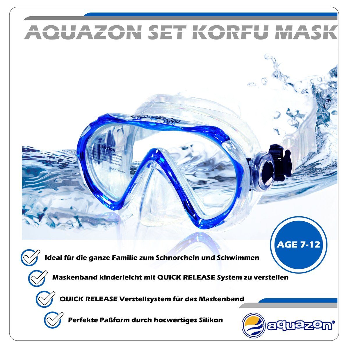 AQUAZON Taucherbrille KORFU mit Schnorchel, für 7-12 blue Schnorchelset Jahren Kinder