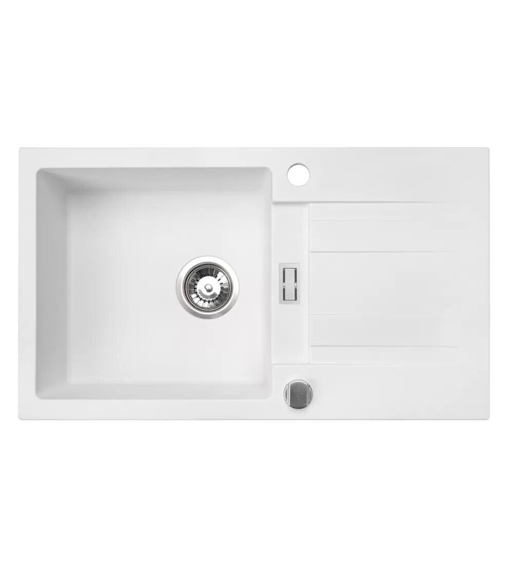 Homeline Granitspüle London Granitspüle Schwarz Weiß Beige Grau Küchenspüle Siphon 76x44, Eckig, 76/43 cm, Wecken, kann rechts und links eingebaut werden., (Granitspüle, 2 St., Inklusiv Ablaufgarnitur)