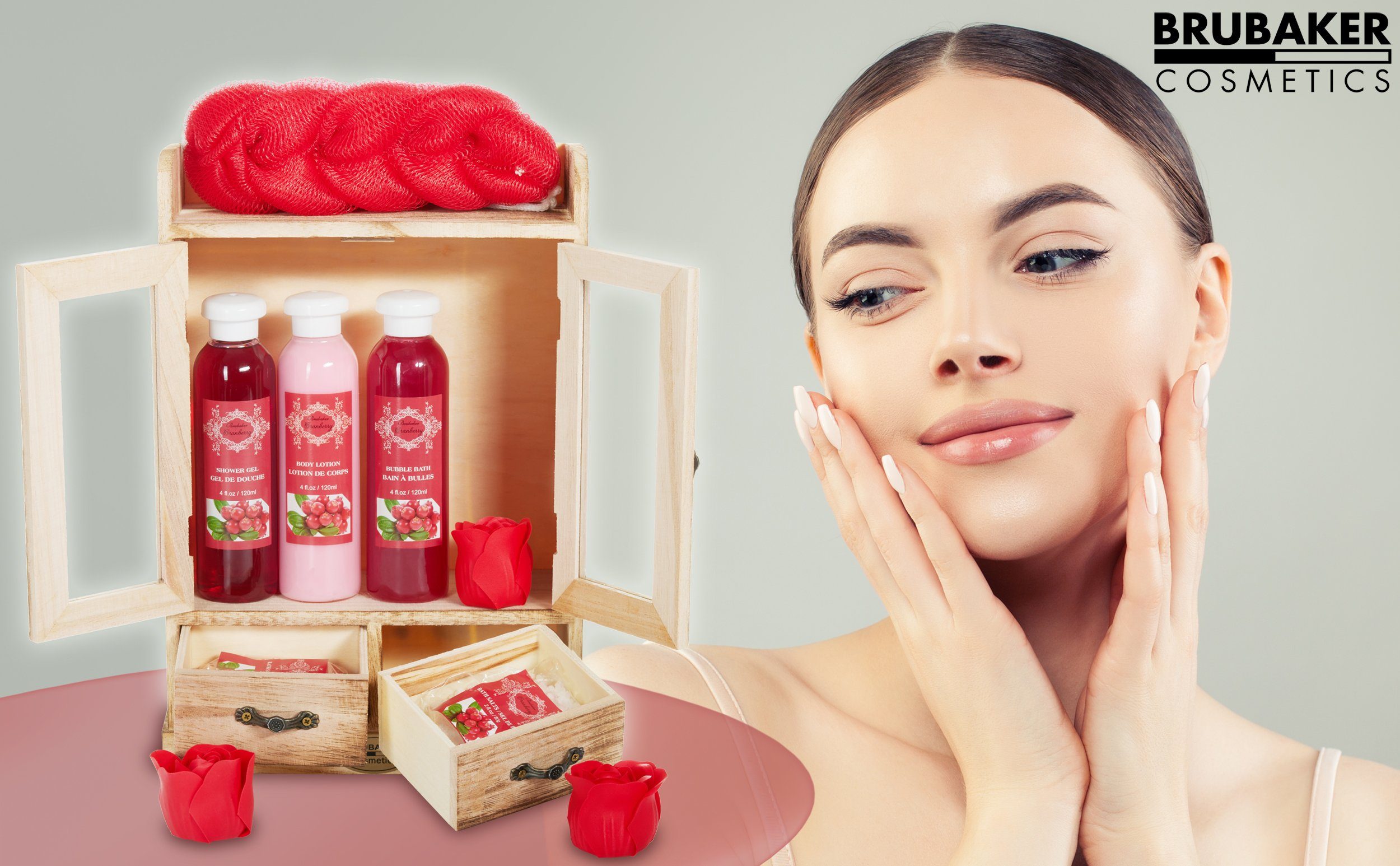 BRUBAKER Pflege-Geschenkset 2 in 1 Pflegeset Cranberry & Vanilla Rose Minze - Wellness Set, 15-tlg., Damen Dusch- und Badeset - Frauen Beauty Geschenkset mit Dekoration