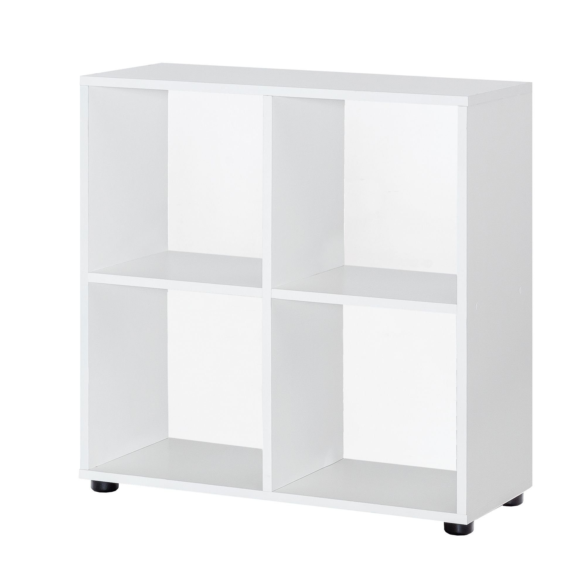 möbelando Bücherregal Design Bücherregal mit 4 Fächern Weiß 70 x 72 x, Design Bücherregal mit 4 Fächern Weiß 70 x 72 x 29 cm, Standregal Holz Regal freistehend, Ordnerregal Raumteiler Würfel-Regal modern, Offenes Aufbewahrungsregal