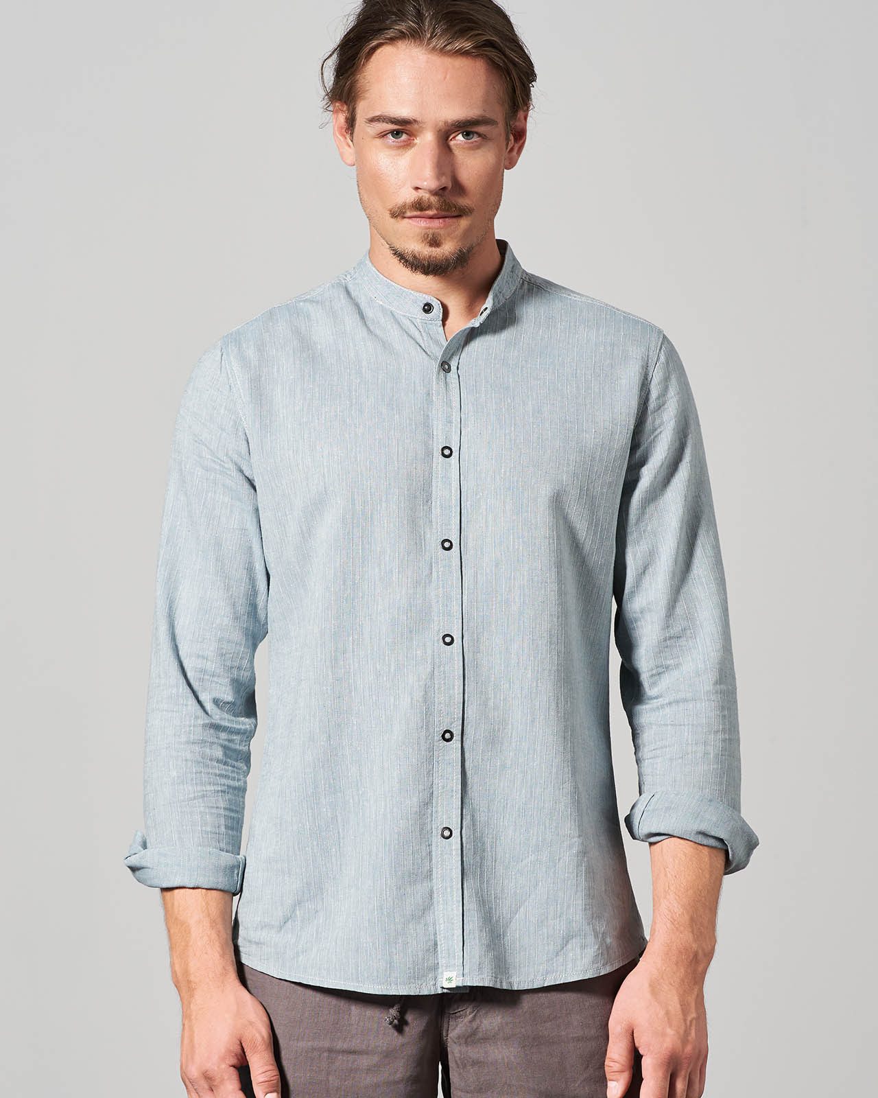 HempAge Langarmhemd Leichtes Stehkragenhemd aus Hanf/Biobaumwolle - Slim Fit