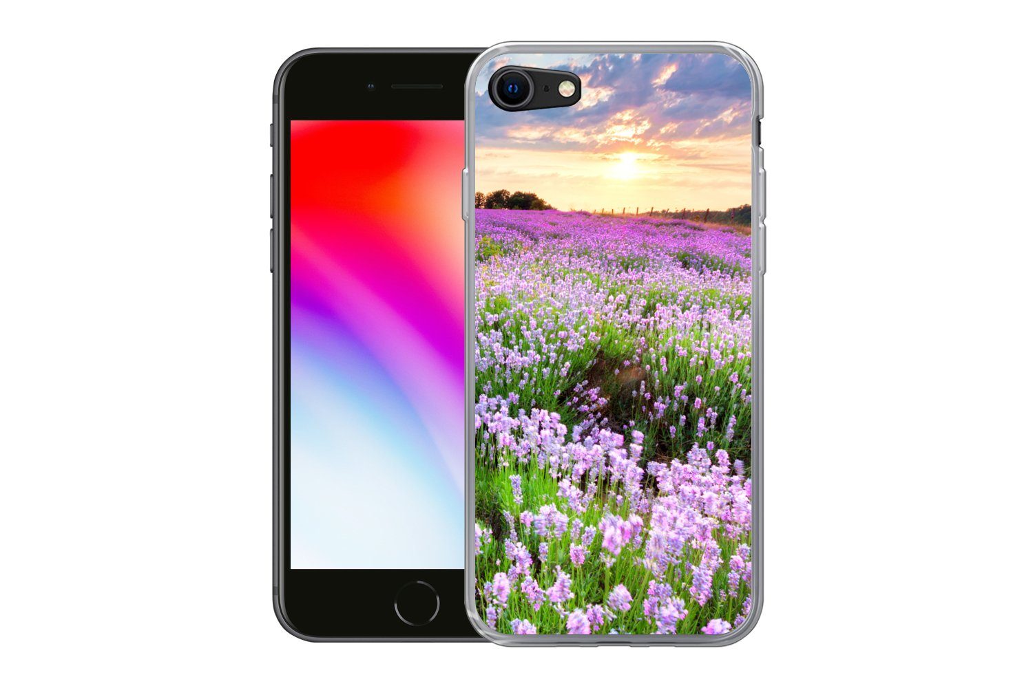 MuchoWow Handyhülle für Apple iPhone 7 Blumen - Lavendel - Lila - Himmel - Sonnenuntergang, Smartphone-Bumper, Print, Handy Schutzhülle Dünn
