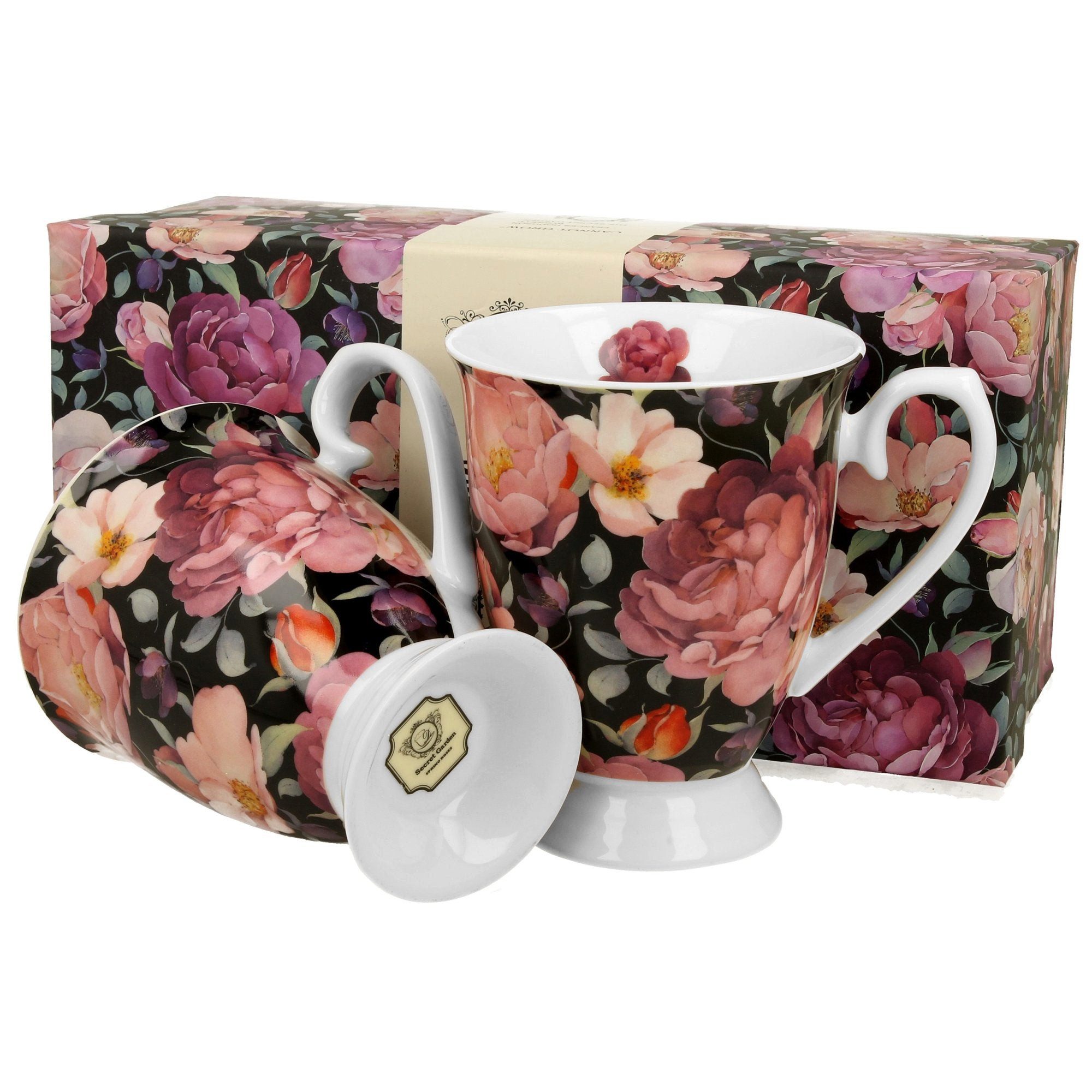 Duo-Gift Tasse Vintage Duo Tassen Set englische Rose bordeaux, Vintage Duo Tassen Set englische Rose bordeaux