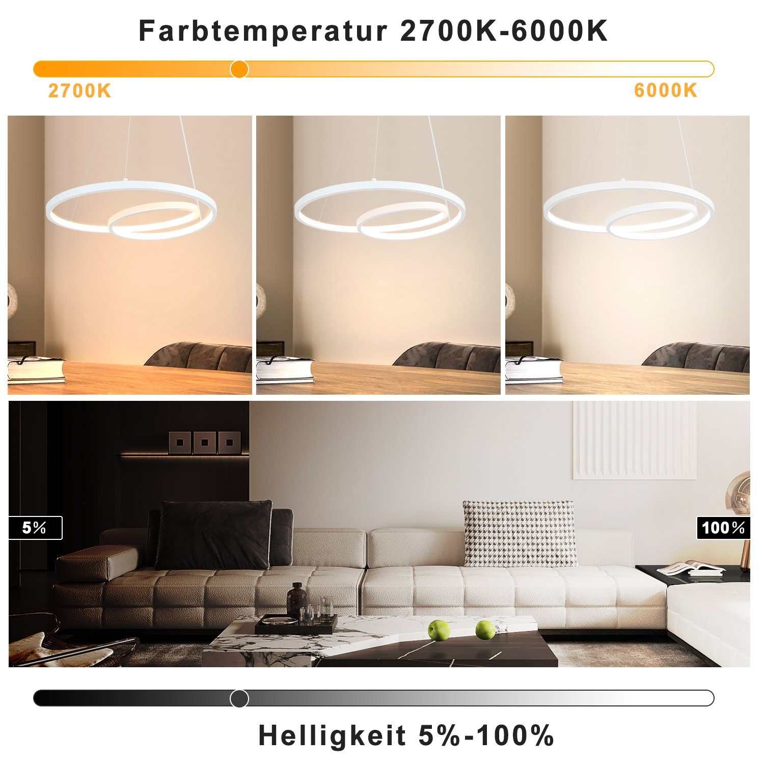 ZMH Pendelleuchte 40CM Design Modern für Wohnzimmer Schlafzimmer Küche Esszimmer, dimmbar, LED fest integriert, LED × höhenverstellbar – Bild 2 von 5