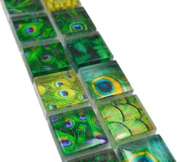 Mosani Fliesen-Bordüre Mosaik Borde Bordüre Glasmosaik Tierwelt Pfau Dunkelgrün hellgrün