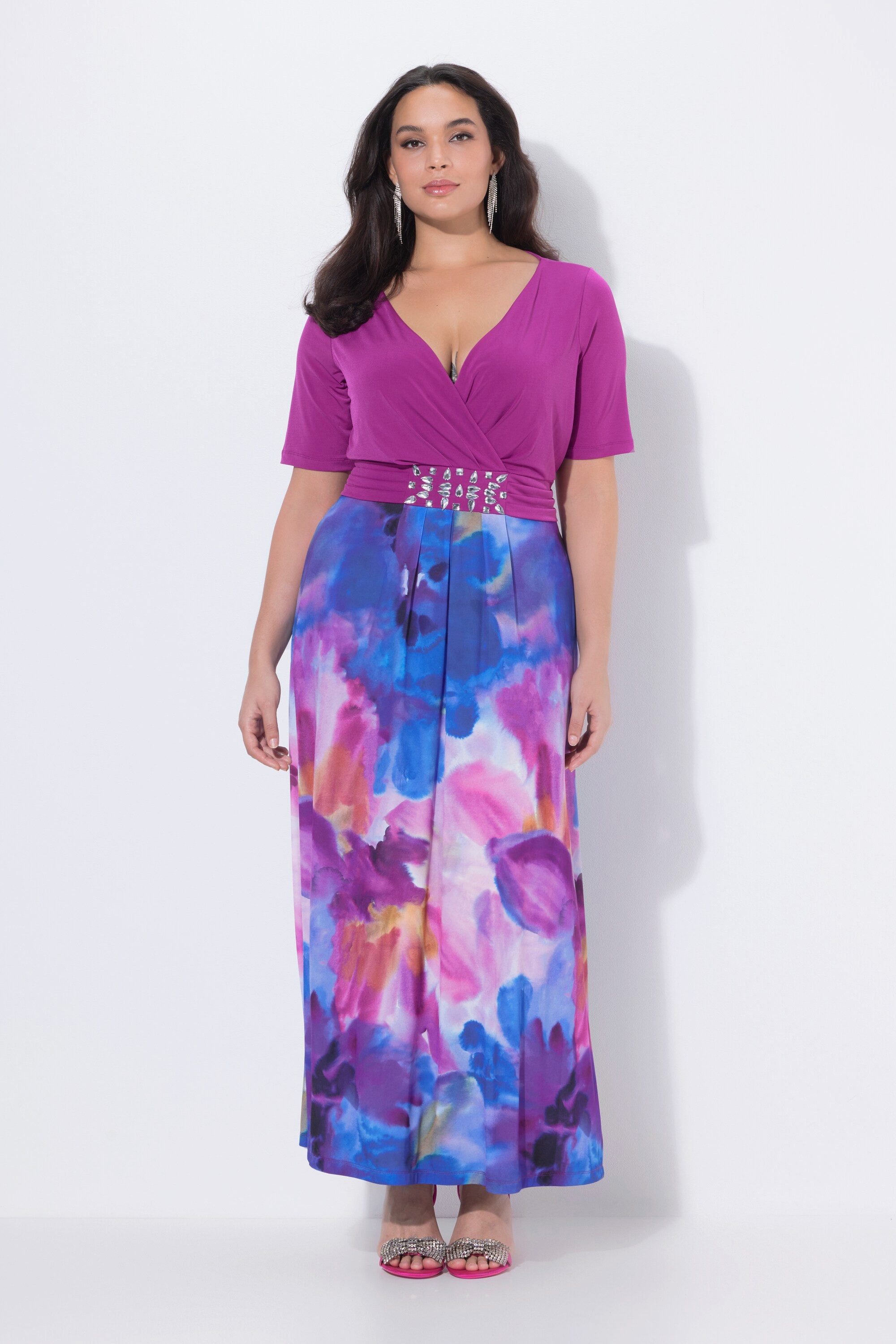 Ulla Popken Cocktailkleid Maxikleid Aquarellblüten A-Linie V-Ausschnitt