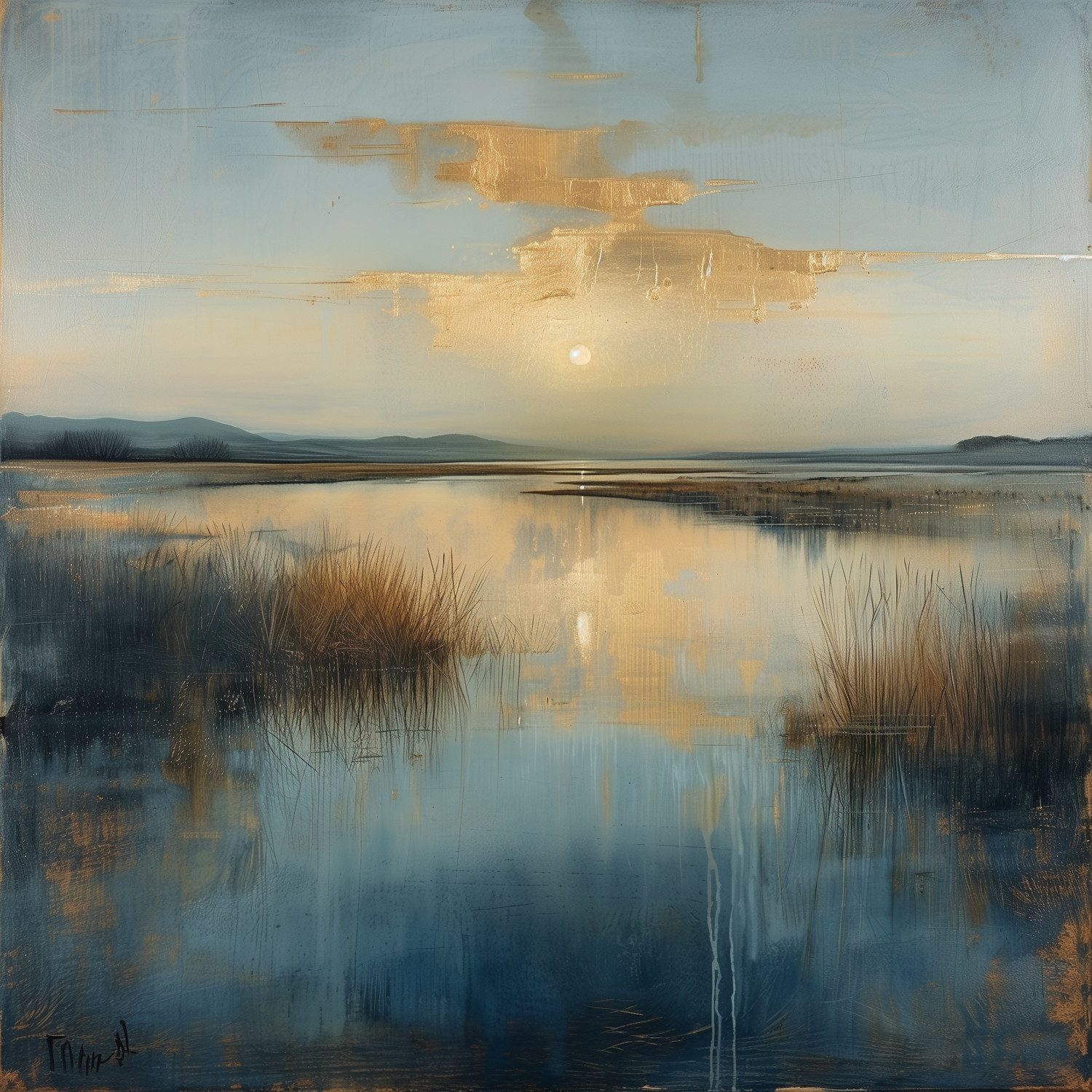 queence Acrylglasbild Gräser im See mit goldenen Wolken, Abstrakt, Abstrakte, Formen, Gemälde, Gewässer, Kunst (1 St), HD Premium Kunstdruck in Galeriequalität