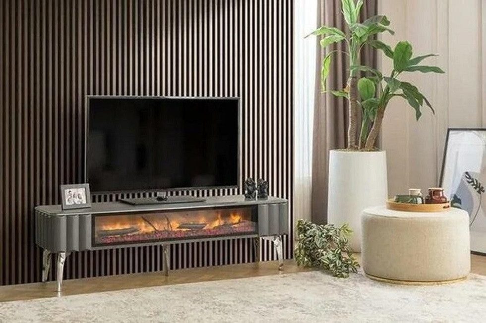 Xlmoebel TV-Board TV-Sideboard in Grau mit Kamin und Stauraum aus MDF und Metall (TV-Sideboard, 1 St., TV-Lowboard), Hergestellt in Europa