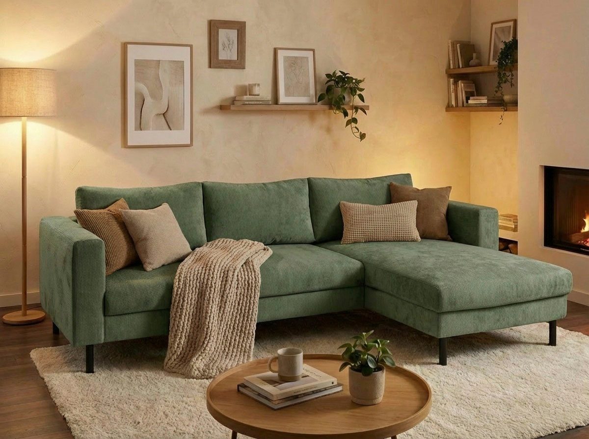 TRENDMANUFAKTUR Ecksofa Amazing II, wahlw. mit Schlaffunktion & Bettkasten, Fuß schwarz, Recamiere beidseitig montierbar, L-Form,in Cord o. Struktur, B: 232 cm