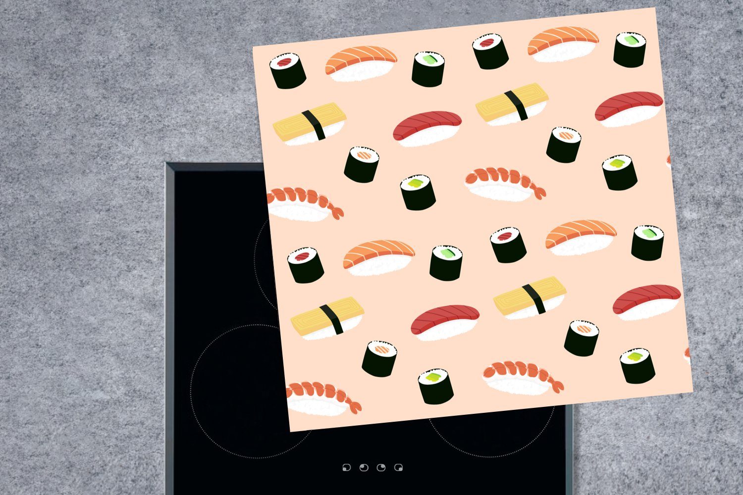 gegen (1 MuchoWow Vinyl, hellrosa Herdblende-/Abdeckplatte cm, Ceranfeldabdeckung, Arbeitsplatte Hintergrund, küche Sushi für 78x78 tlg), Illustration