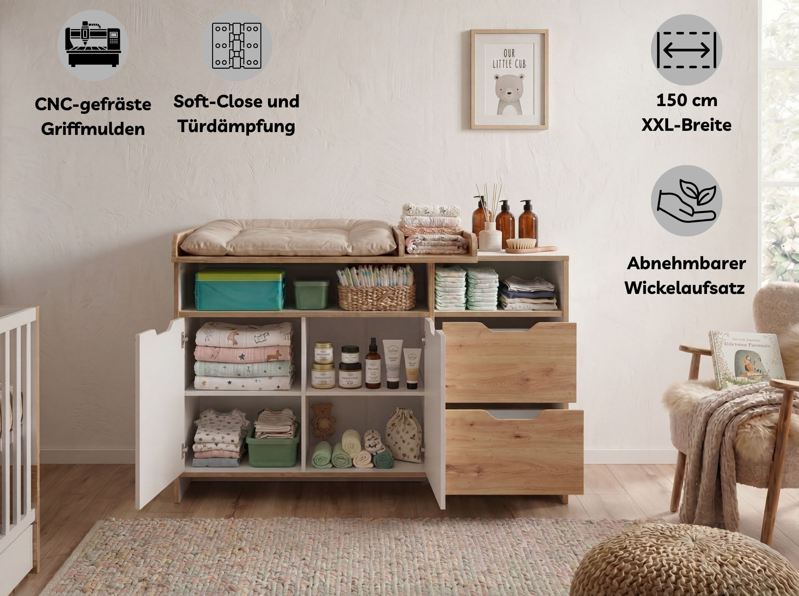 arthur berndt Babyzimmer-Komplettset Maxim, (Spar-Set, 2-tlg., Wickelkommode und Kinderbett), Bett+Wickelkommode, Soft-Close und höhenverstellbar, mitwachsend