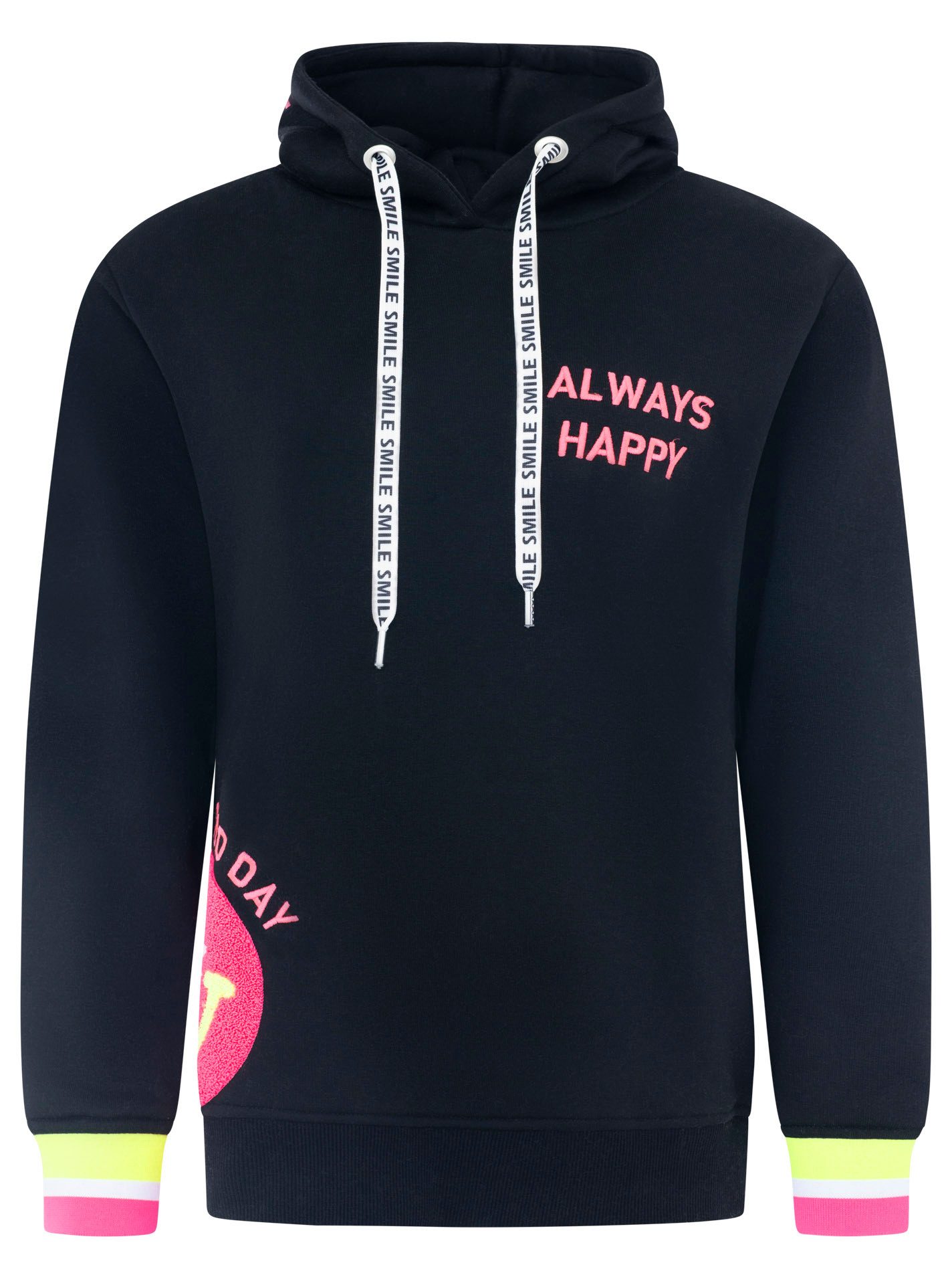Zwillingsherz Hoodie "Always Happy" Smiley aus Frottee, Neon-Details, Kapuze, Langarm