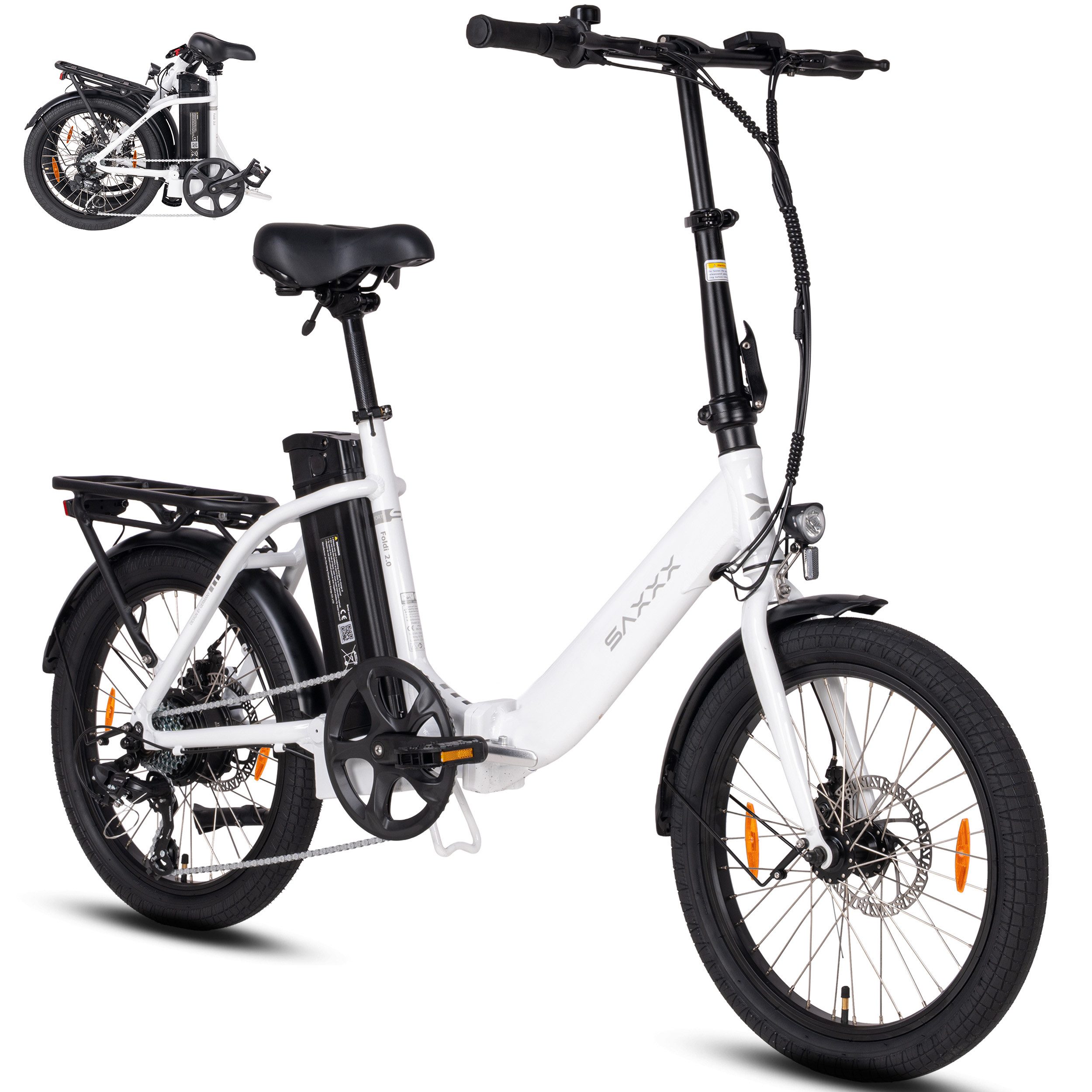 SAXXX E-Bike Klapprad 20 Zoll Elektrofahrrad, 460Wh, 50-90km, für Damen und Herren, 7 Gang Shimano SL-RV300-7R Schaltwerk, Kettenschaltung, Heckmotor, 460 Wh, Faltrad, RH: 42cm, bis zu 130kg, Pedelec, E-Citybike mit Tiefeinstieg