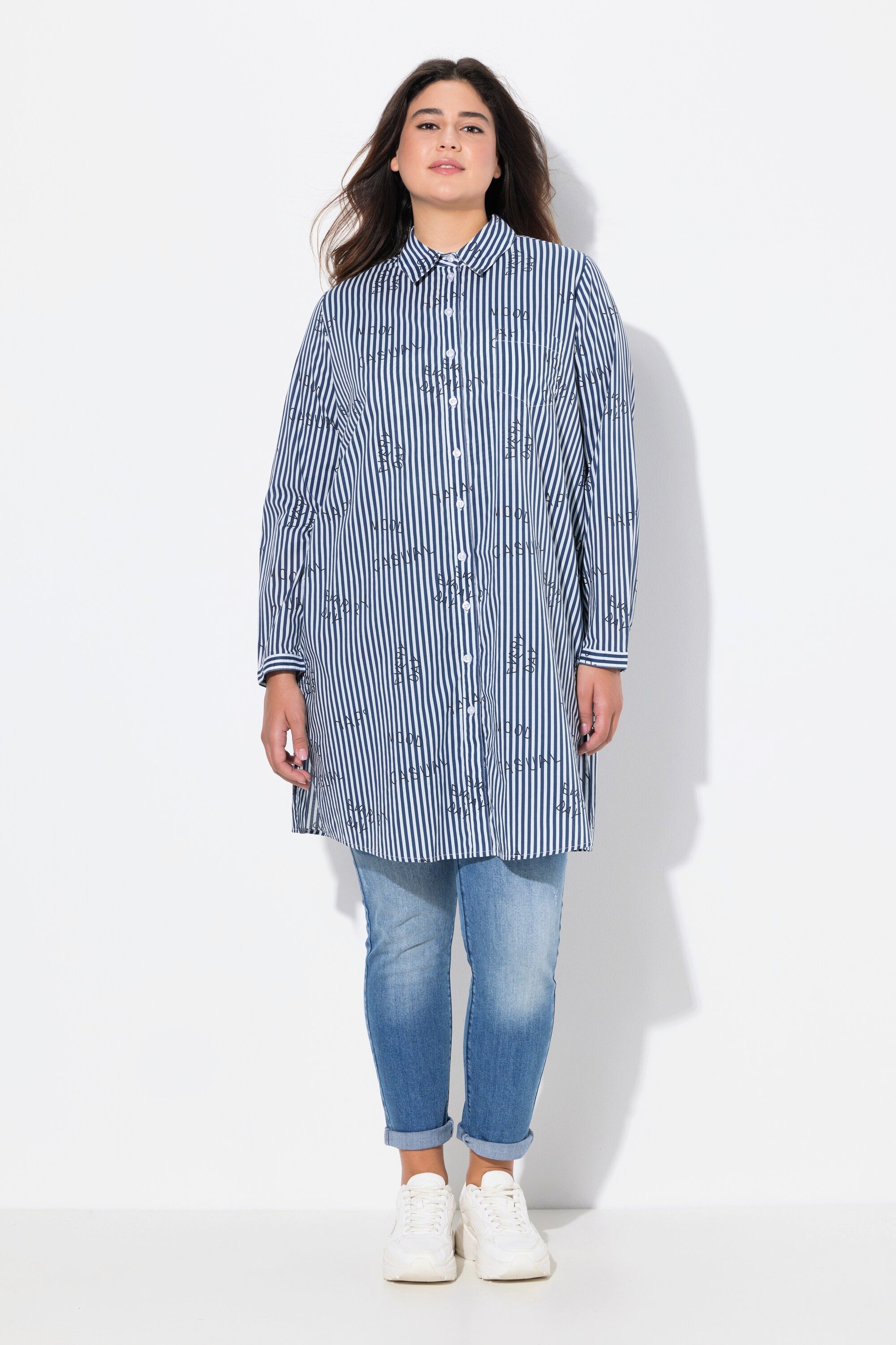 Longbluse Longbluse Streifen Schriftmuster Hemdkragen