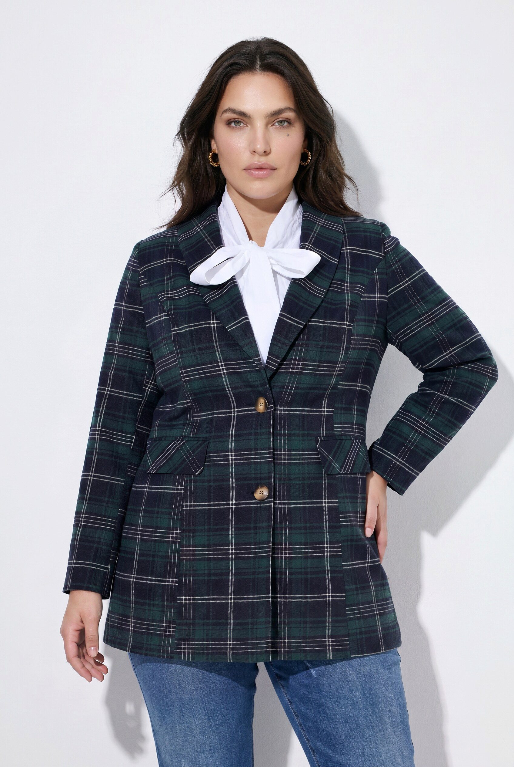 Ulla Popken Sommerjacke Longblazer Karo Reverskragen Langarm
