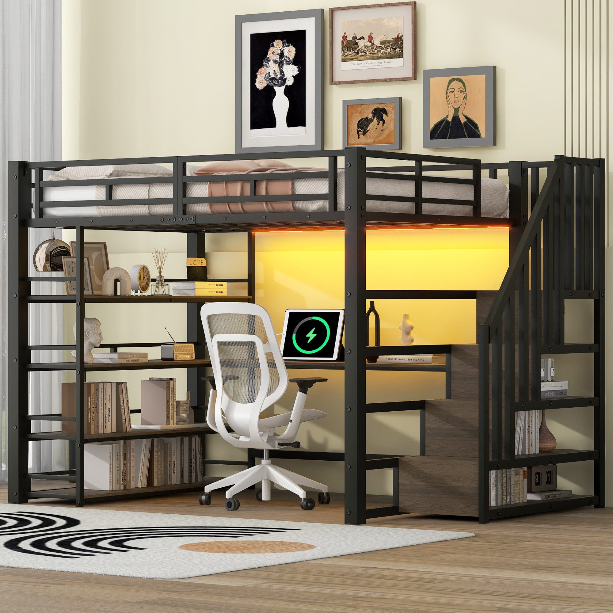 i@home Hochbett mit Treppe, integriertem Schreibtisch & LED-Beleuchtung (Mit USB-Ladestation, Stauraum & APP-Steuerung, 140x200 cm) 3-in-1 Gaming-Bett für Jugendzimmer, Studenten und kleine Wohnungen