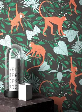 Newroom Vliestapete, Schwarz Tapete Modern Dschungel - Tiertapete Dschungeltapete Orange Blau Tropisch Animal Affen Blätter für Wohnzimmer Schlafzimmer Küche