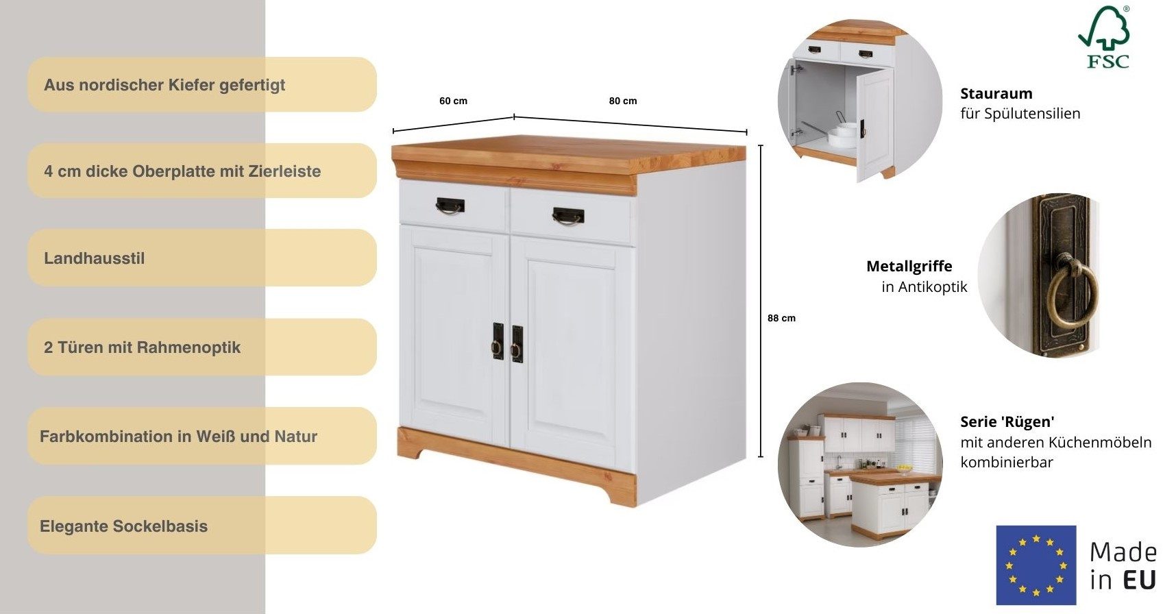 OTTO home Spülenschrank Rügen Breite 80 cm, Kiefer massiv, mit 2 Türen