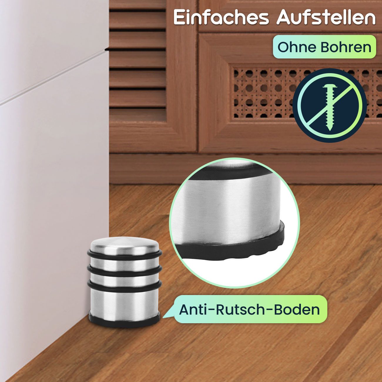 Casativo Bodentürstopper Türstopper Edelstahl 1300g rutschfest mit umlaufende Gummiringen (1 St., 1er-Set & 3er-Set), Ø 7 x H 7,3 cm/1,3 kg/schutzt für Wand & Möbel/ohne Bohren