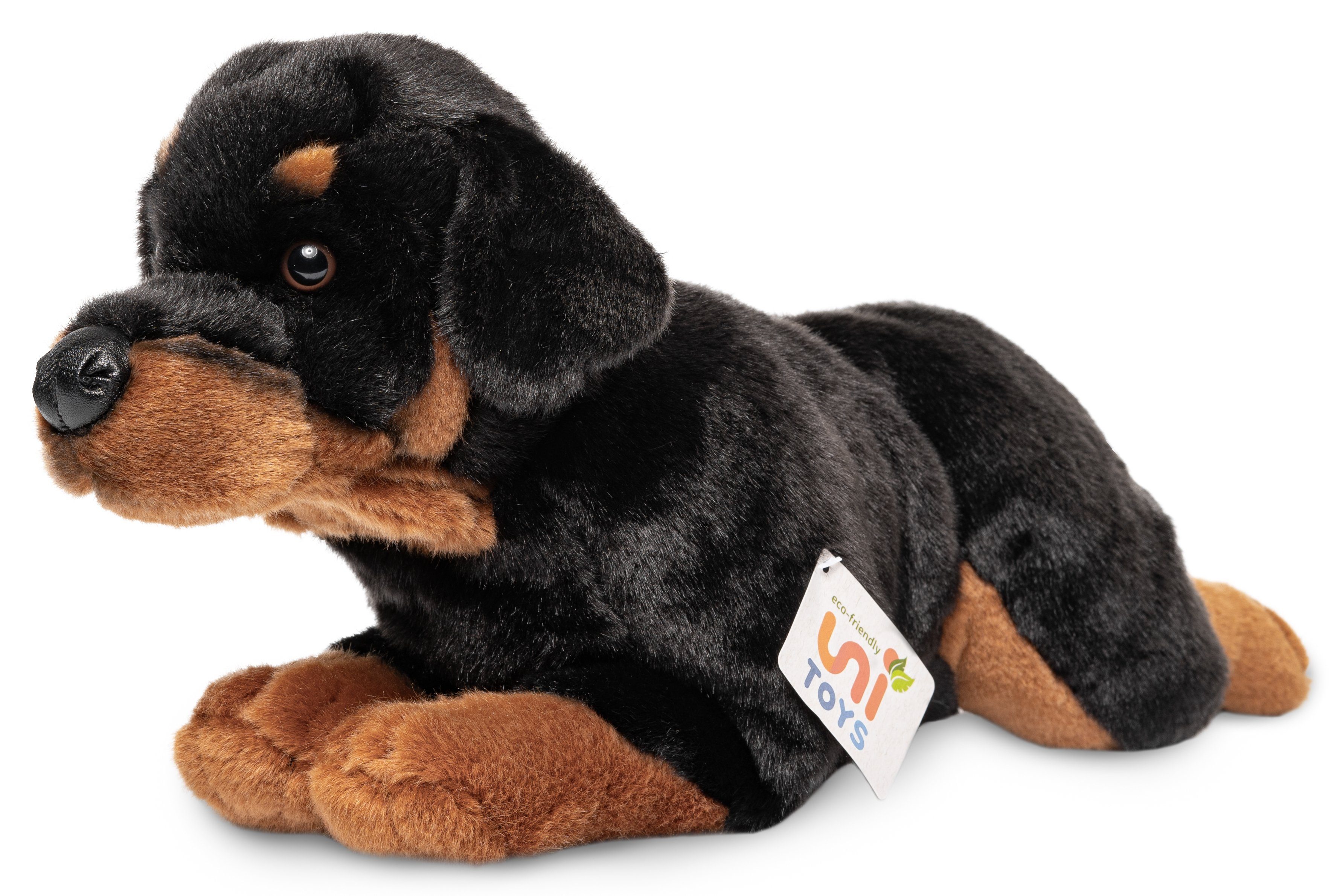Uni-Toys Kuscheltier - Plüsch-Hund recyceltes liegend cm - zu Füllmaterial % 100 - Plüschtier, (Länge) Rottweiler, 39
