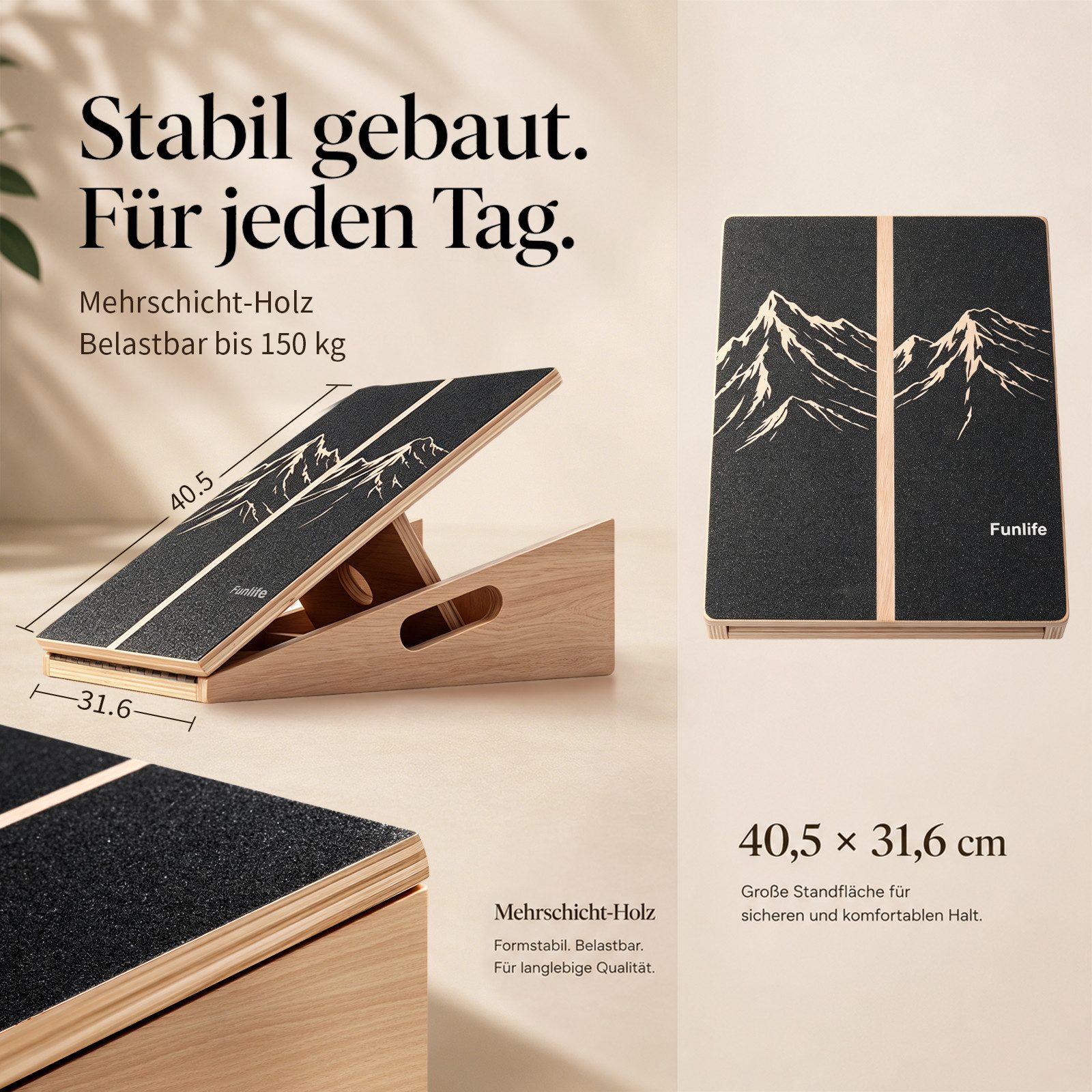 FunLife Balanceboard Slant Board BERG & FLOW Design-Edition, 5 Neigungswinkel, aus Mehrschichtholz, rutschfest, bis 150 kg
