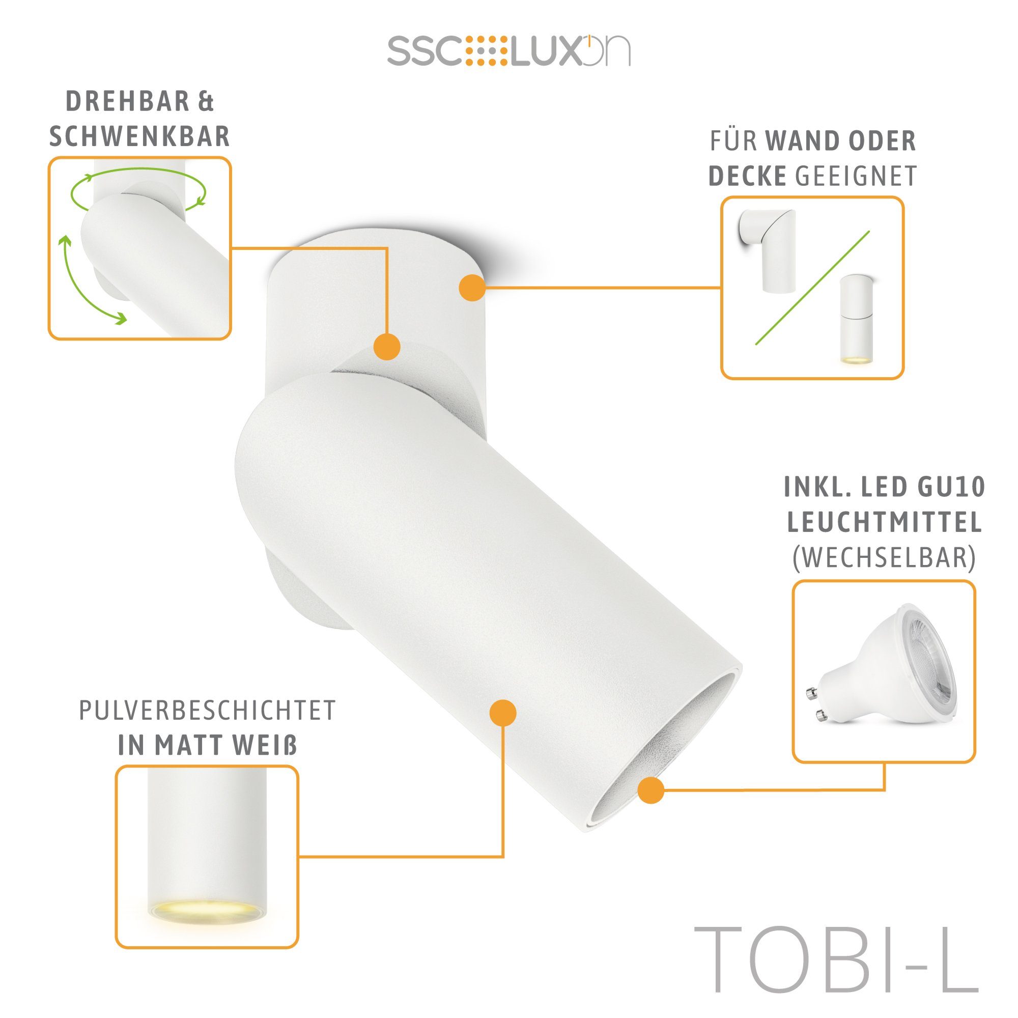 SSC-LUXon LED Aufbaustrahler TOBI-L Spot Strahler schwenkbar LED 3in1 GU10 dimmbar LumiFLEX 6W weiß, Neutralweiß, Warmweiß, Tageslichtweiß
