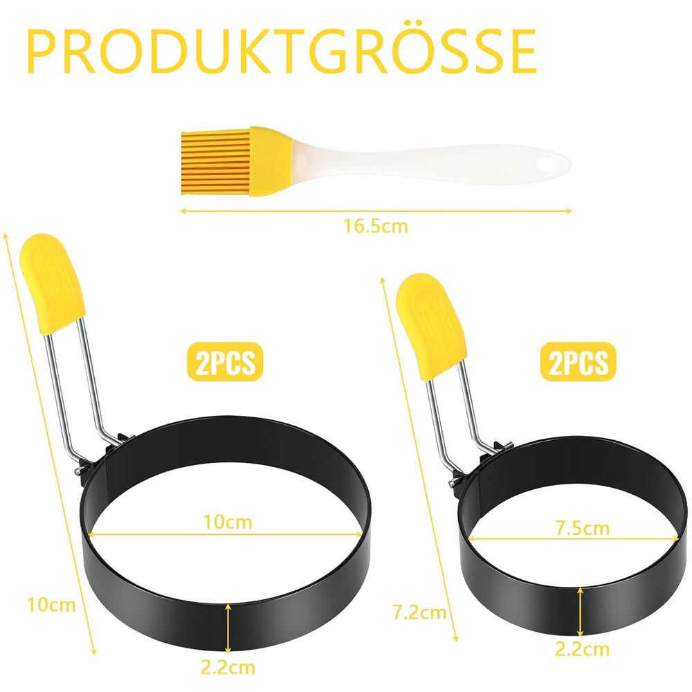 TUWENA Herzkuchenform 4 Stück Spiegeleiform Edelstahl, Mit Silikon Klappgriffen und Ölpinsel