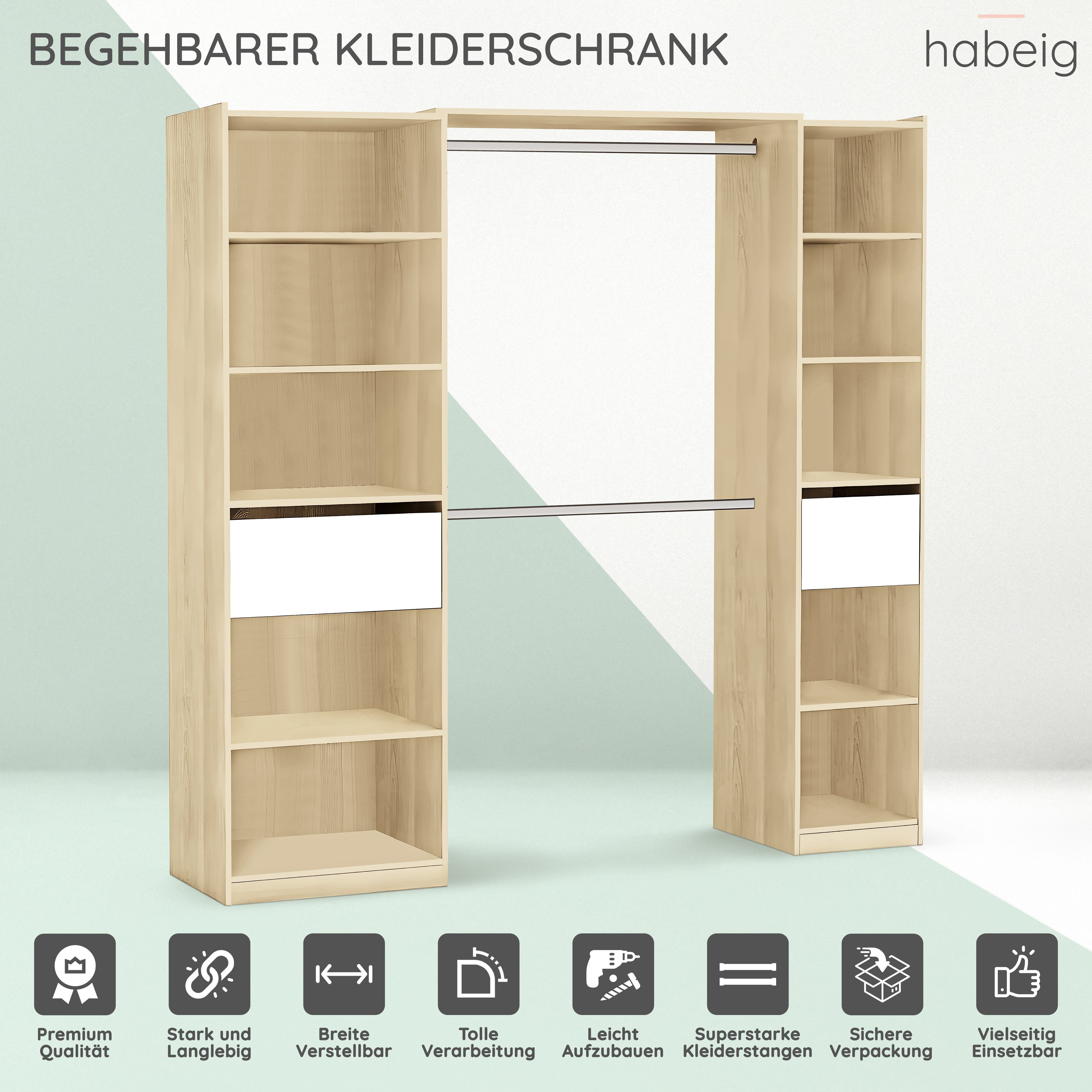 habeig Kleiderschrank Begehbarer Kleiderschrank 5077 in Breite verstellbar offen Schublade stufenlos in der Breite verstellbar von 140 - 200 cm