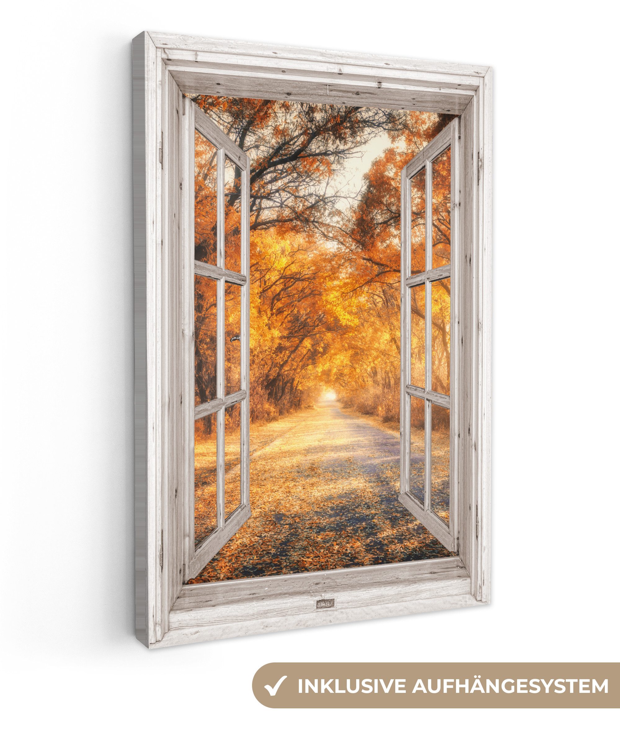 OneMillionCanvasses® Leinwandbild Wald - Herbst - Bäume - Weg - Natur - Fensterblick, Fotodruck (1 St), Leinwand Canvas Wandbild, Wanddekoration 20x30 cm