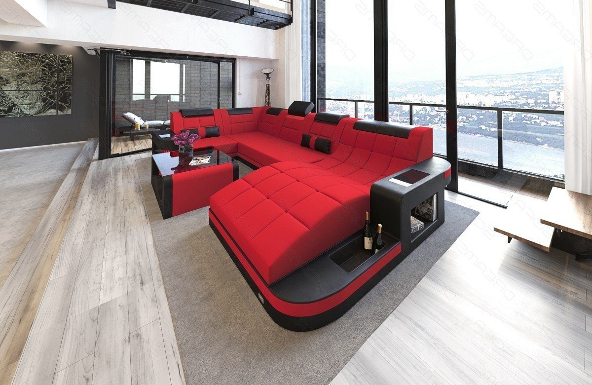 Sofa Wave M rot-schwarz Stoffsofa U Couch Bettfunktion Mikrofaser Polstersofa mit wahlweise Stoff, Form Dreams Wohnlandschaft