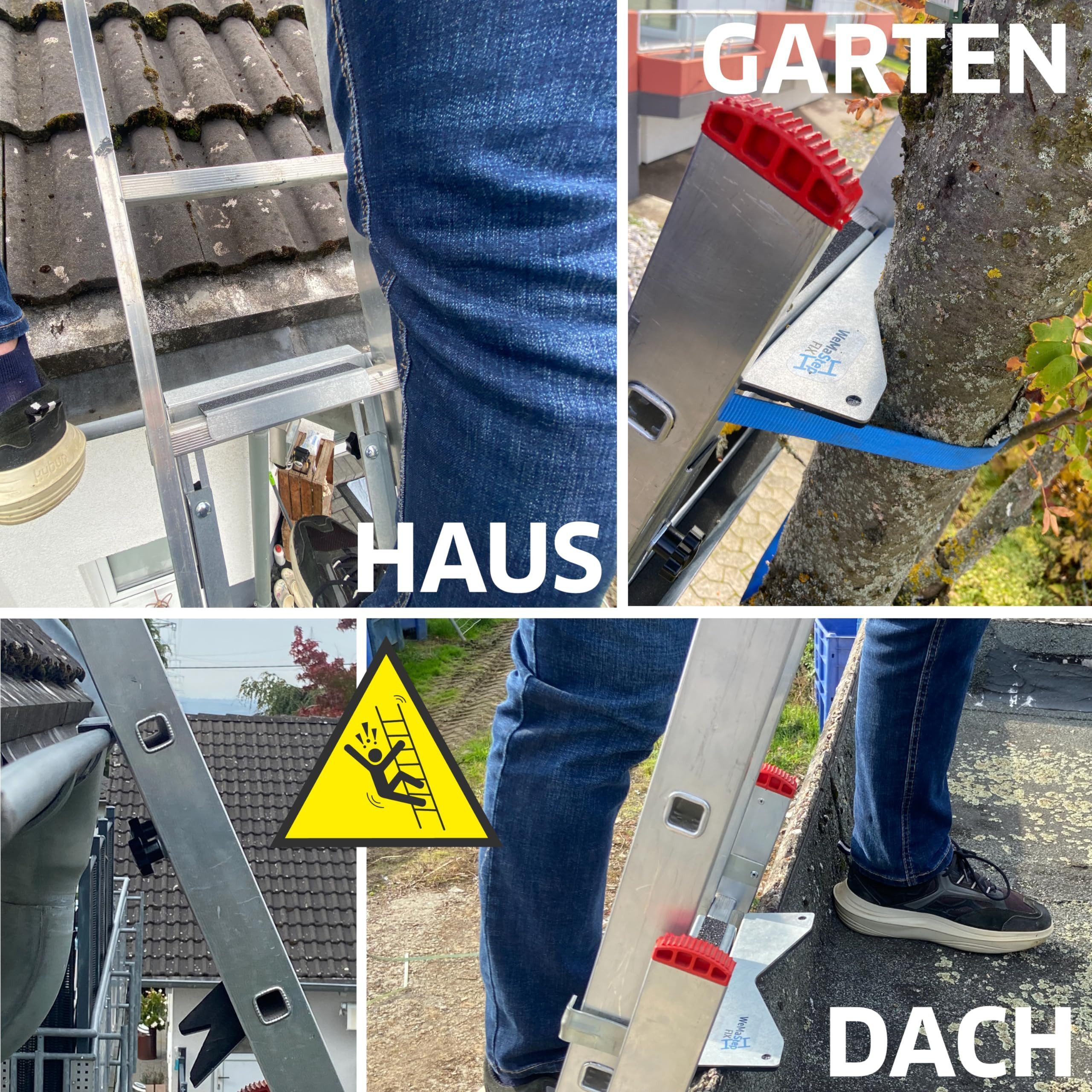 NOOR Anlegeleiter Leitersicherung FIX - gegen Kippen an Dachrinnen, Bäumen & Dachkanten (1-St), 180° drehbar - verhindert seitliches und rückwärtiges Umkippen