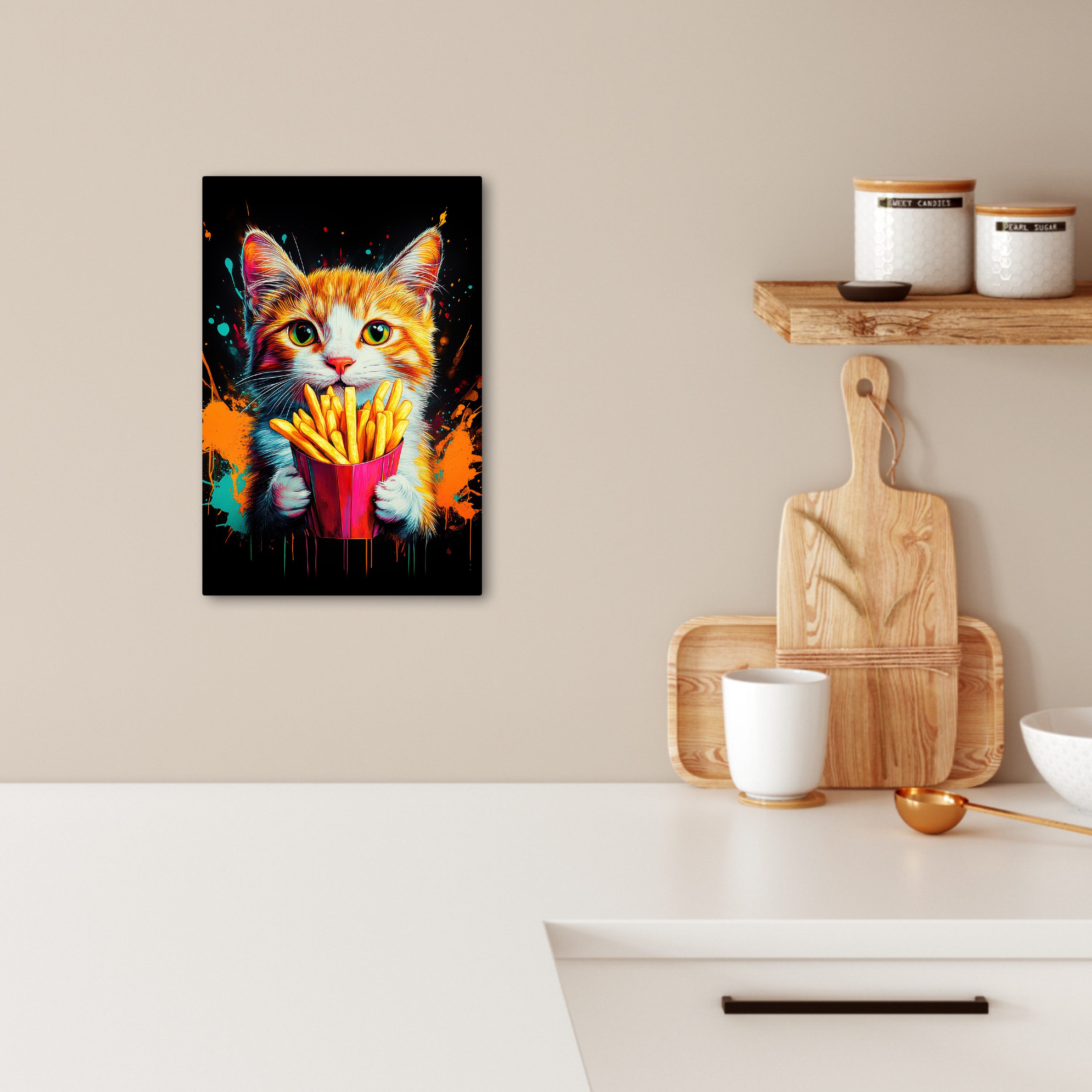 OneMillionCanvasses® Leinwandbild Katze - Essen - Pommes frites - Graffiti günstig online kaufen
