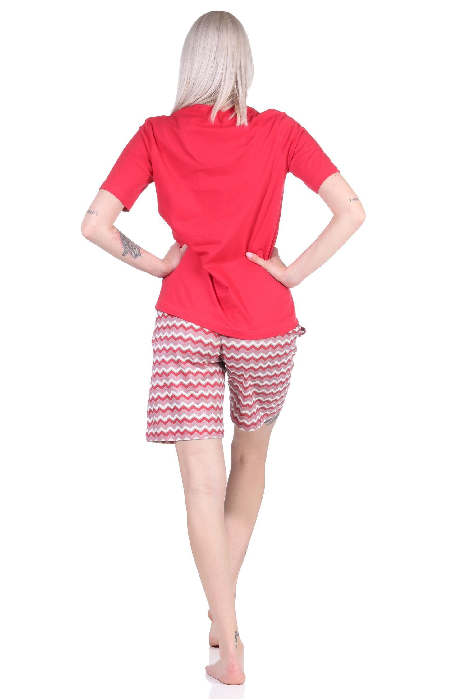 mit Farben strahlenden Pyjama kurz Normann Pyjama rot Damen in gemusterten Shorts Shorty
